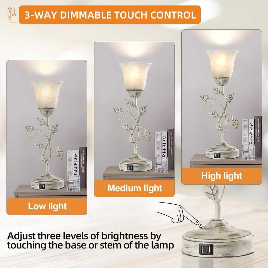 Rustic Touch Table Lamp for Bedroom, 3-Way Dimmable Nightstand Lamp with 2 USB Ports, Retro Vintage White Glass Shade Leaf Desk Lamp for…