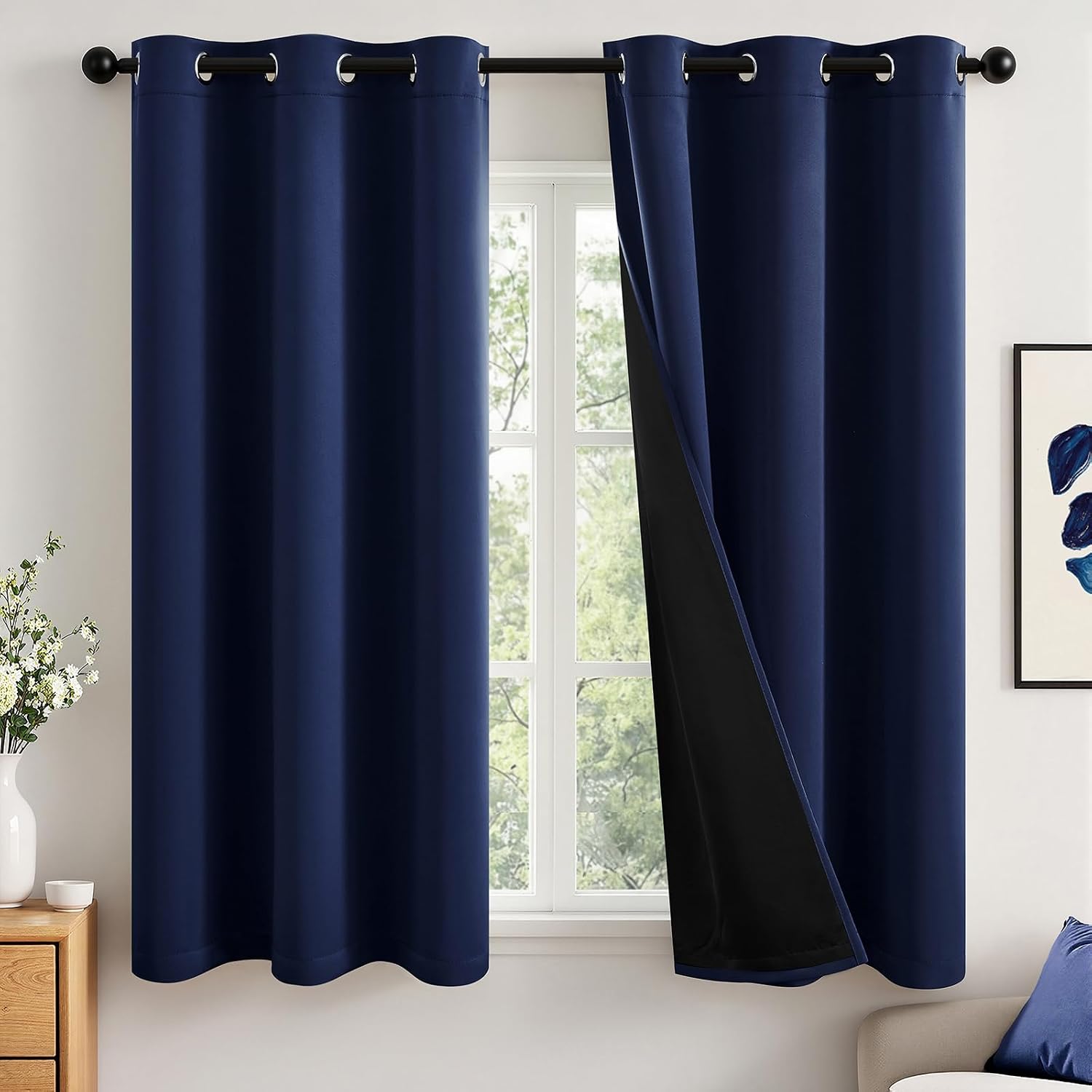 Miulee Navy Blue 100% Blackout Curtains for Bedroom 45 Inch Length, 2 Thick Layers Thermal Insulated Short Window Curtains with Black Liner…
