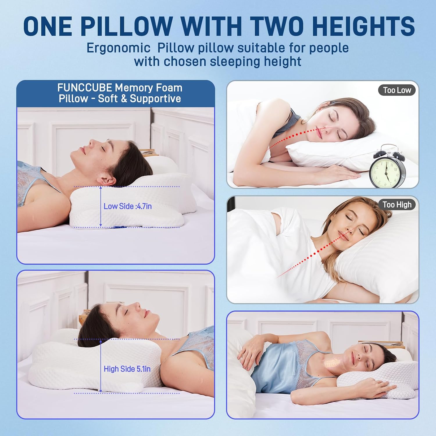 Funccube Cervical Neck Pillow - Memory Foam Pillow for Sleeping, Ergonomic Neck Support Contour Pillows for Side Back Stomach Sleepers, Orth…