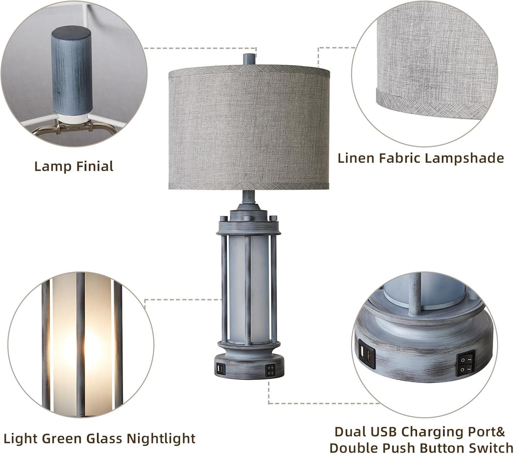 AIEAMPDO Set of 2 Rustic Table Lamps for Living Room, Farmhouse Vintage Nightstand Lamp with 2 USB Ports, Antique Retro Light Green Glass…