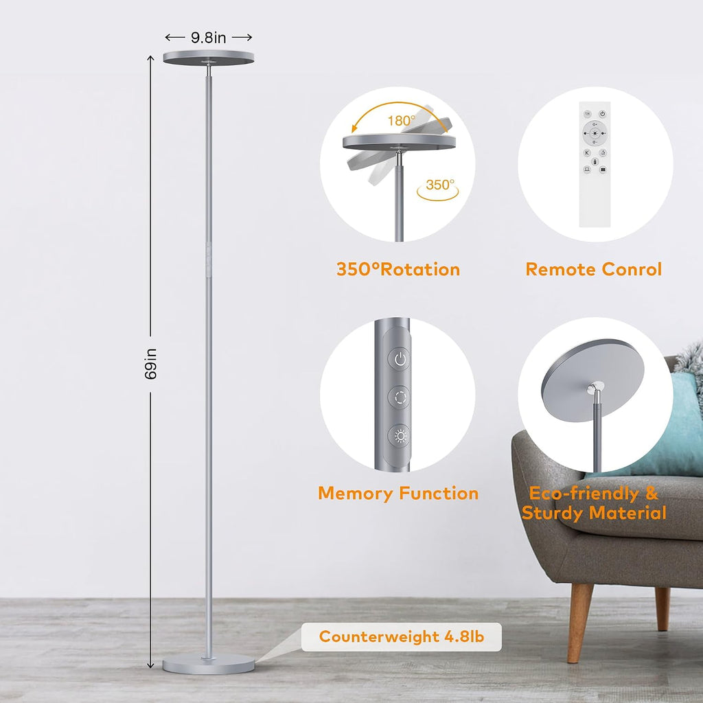 Floor Lamp, Bright 36W 3500LM Standing Lamp with Remote, 2700K Soft White to 6500K Cool White Adjustable, Touch Control Dimmable Torchiere…