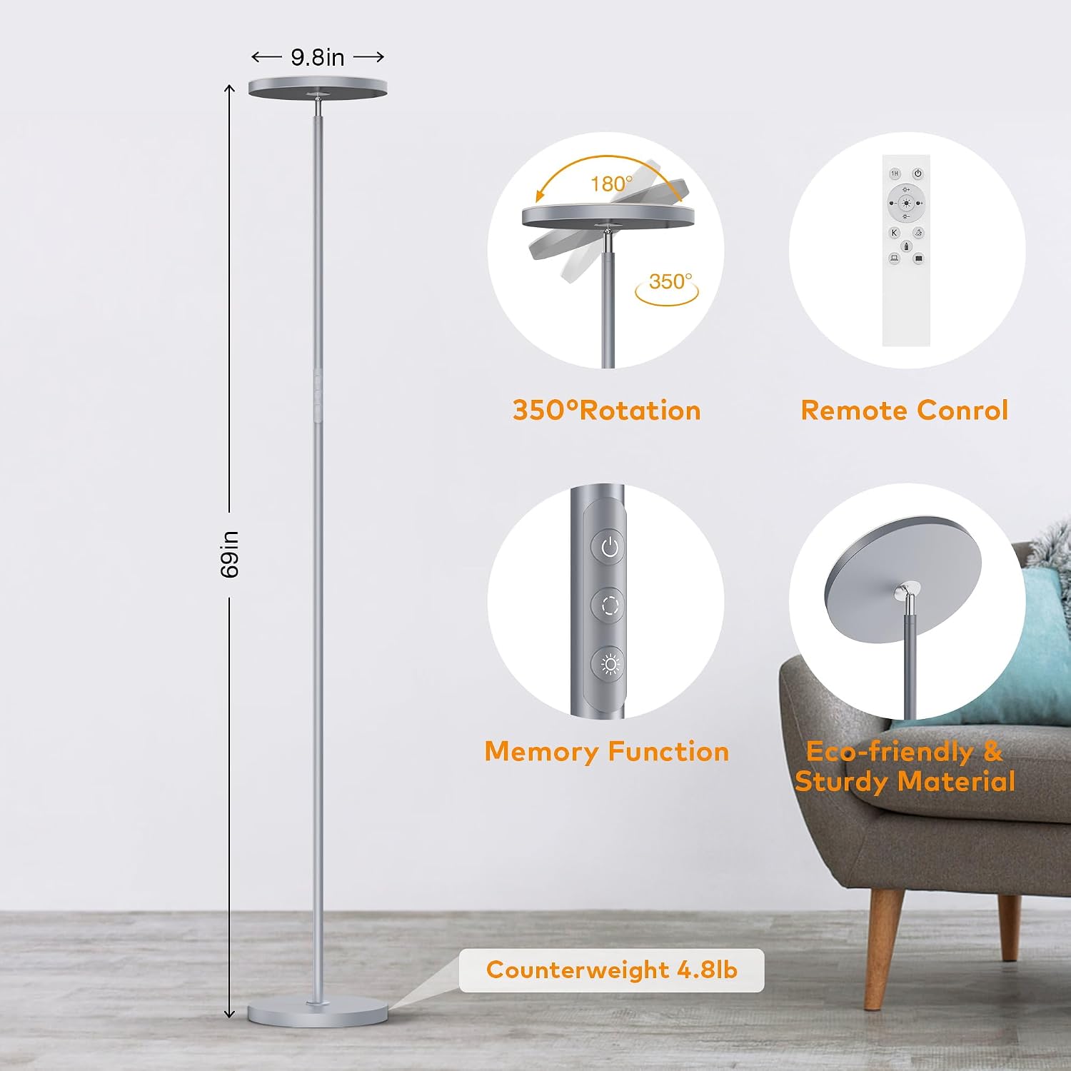 Floor Lamp, Bright 36W 3500LM Standing Lamp with Remote, 2700K Soft White to 6500K Cool White Adjustable, Touch Control Dimmable Torchiere…
