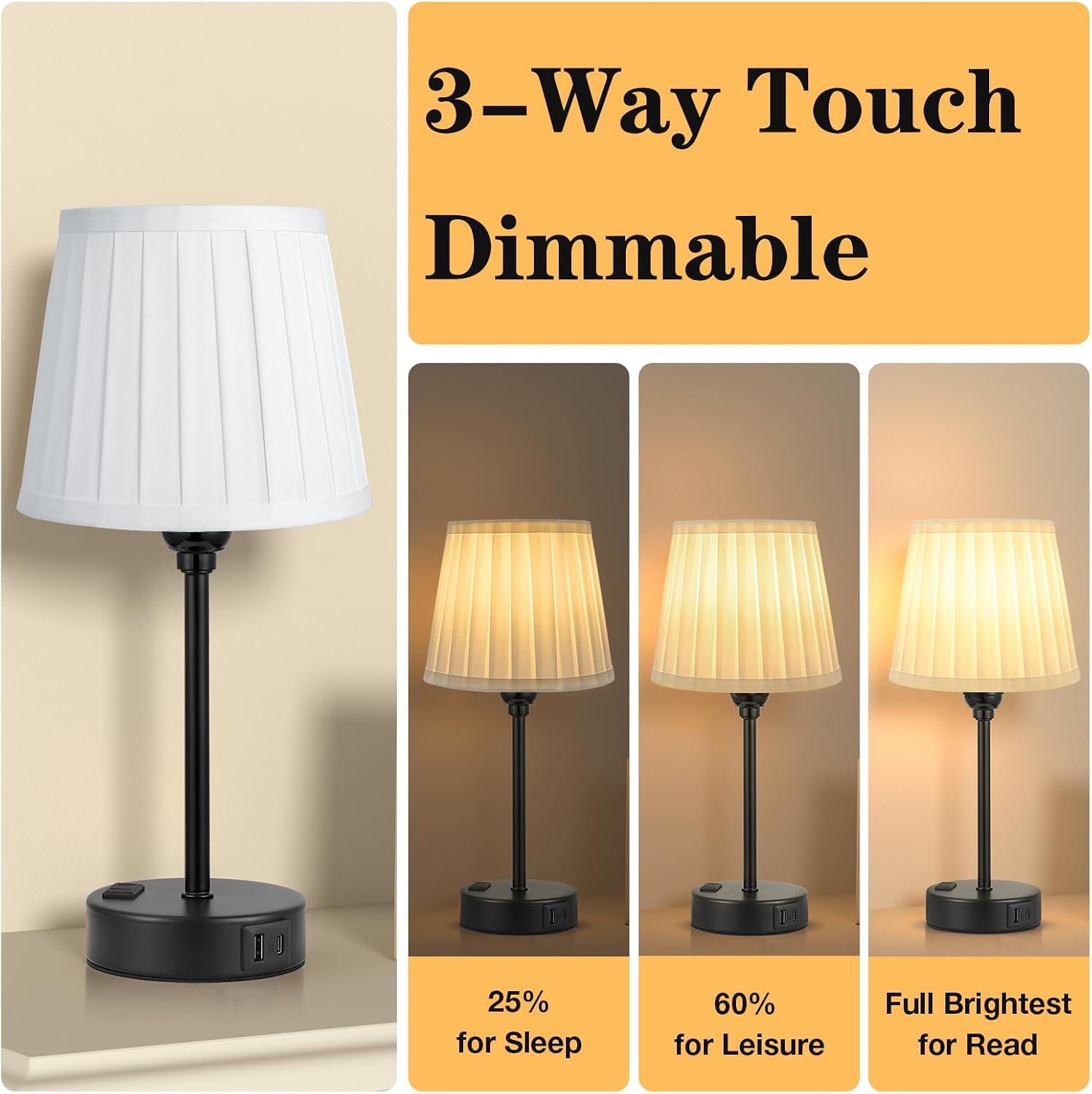 White Bedside Lamps for bedrooms Set of 2 - White Pleated Lamp Shade with USB Charging Ports, Touch Lamps for Nighstand, Night Stand Lamp…