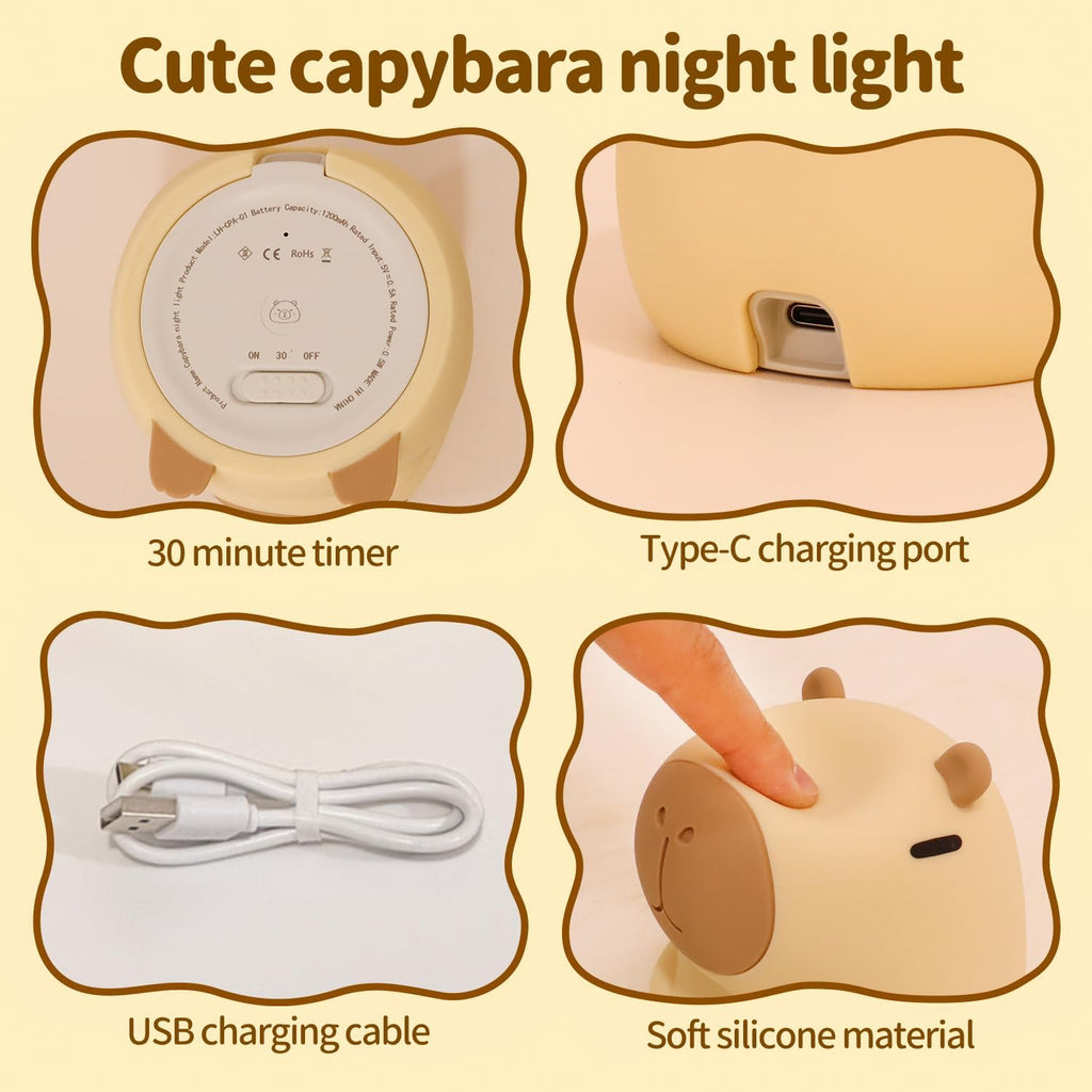 Daixinde Capybara Night Light Squishy, 50Hrs Nursery Night Light, Touch Control 2 Brightness, 30Min Auto-Off, Rechargeable Bedside Lamp for…