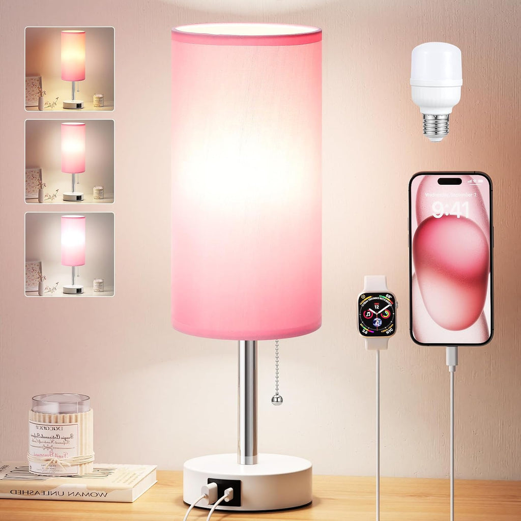 Dicoool Pink Bedside Table Lamp for Bedroom, Small Nightstand Lamp for Girls Kids, 3 Color Temperatures & USB Charging Port, Cute Desk…