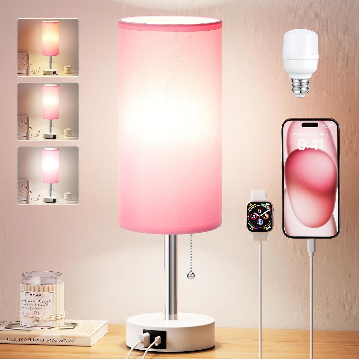 Dicoool Pink Bedside Table Lamp for Bedroom, Small Nightstand Lamp for Girls Kids, 3 Color Temperatures & USB Charging Port, Cute Desk…