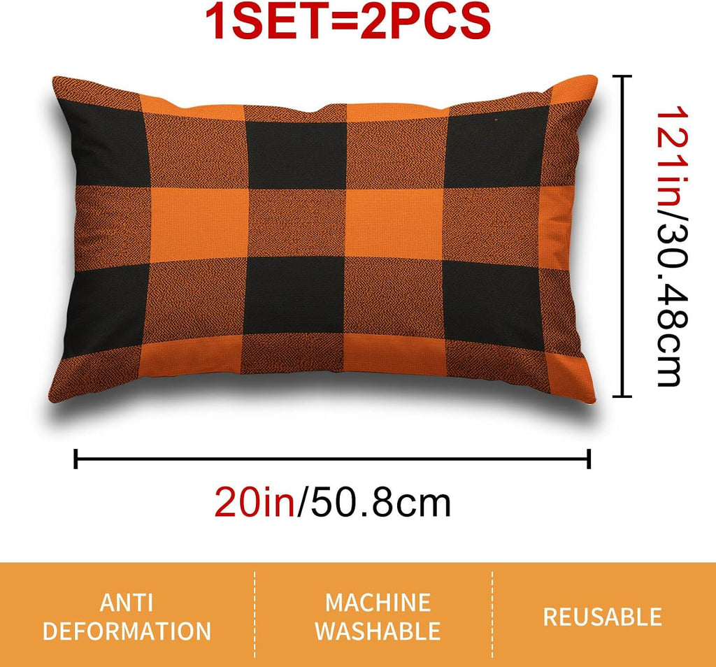 HOMETITUTE Pillow Covers Decorative Pack of 2 Satin 12x20 Inch Orange Black Buffalo Plaid Art Lumbar Throw Pillow Cases for Sofa Couch…