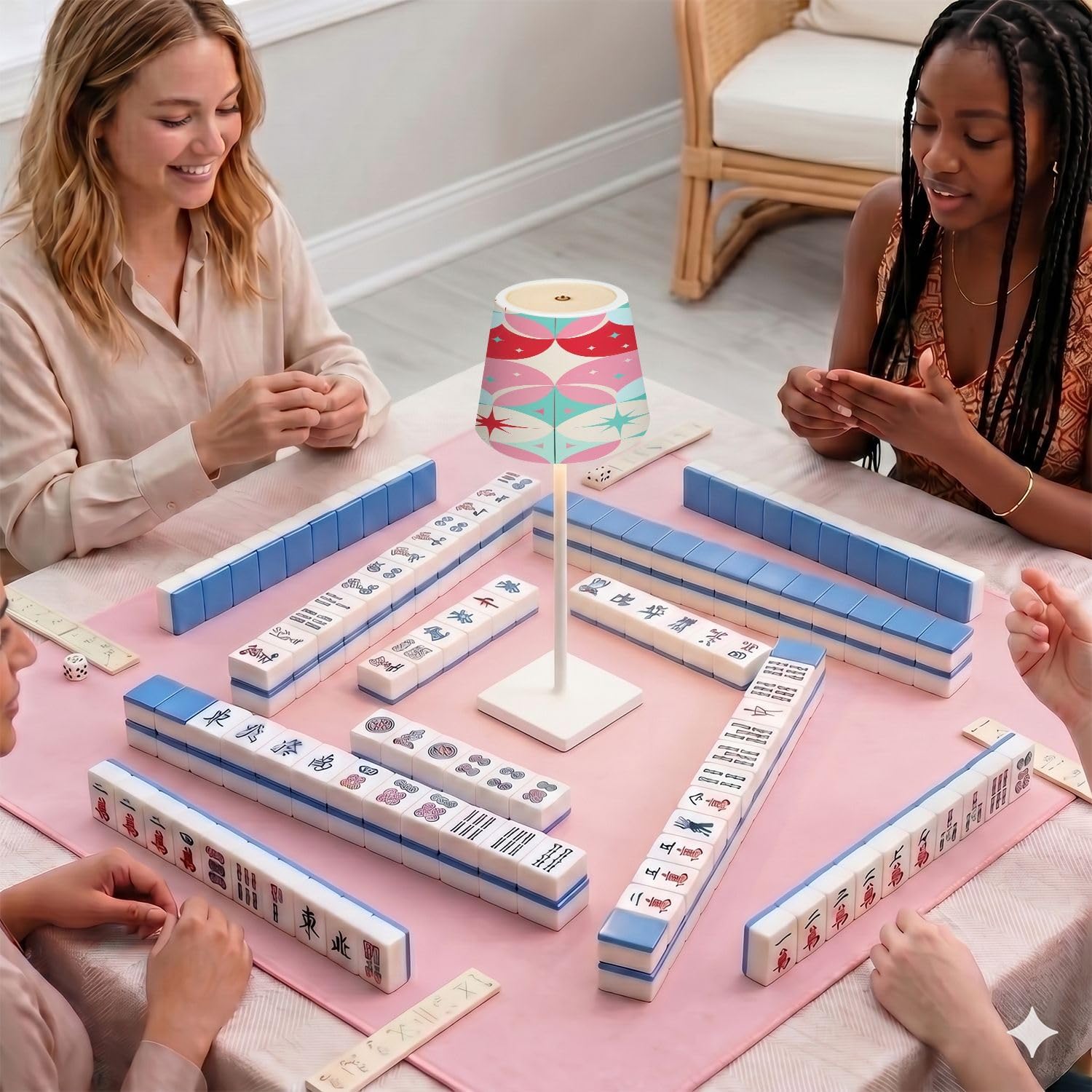 Cordless Mahjong Lamp Geometric Retro Circles Starbursts Soft Pink Coral Teal Color Small LED Lamp 3 Color Dimmable Rechargeable Lamps…