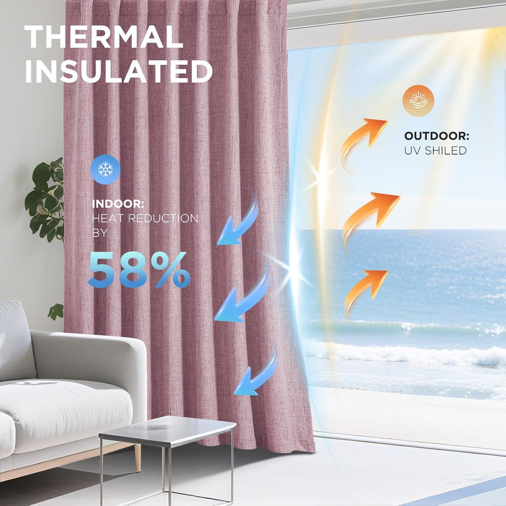 Joydeco Linen Blackout Curtains for Bedroom - 100% Light Blocking 1 Panels, Pink Drapes 100" W x 96" L, Thermal Insulated Room Darkening Cu…