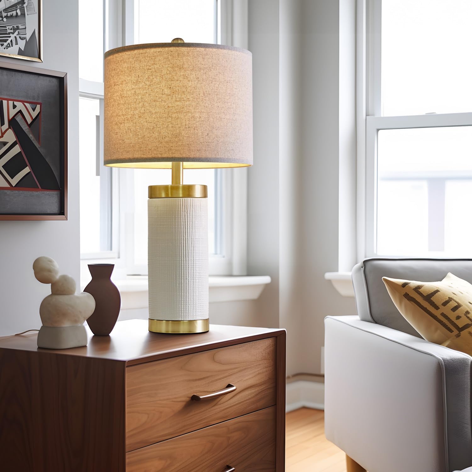 USumkky 24.5" Modern Ceramic White Bedside Lamp for Bedroom Decor Farmhouse Table Lamp for Living Room Office Dorm