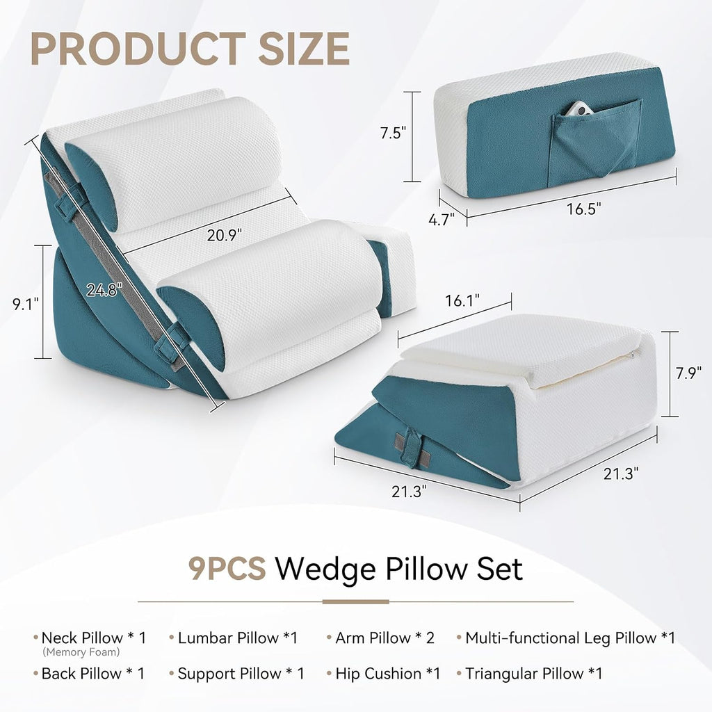 Yojoker 9PCS Orthopedic Bed Wedge Pillow Set for Sleeping, Back and Leg, Post Surgery Foam Pillow for Body, Triangle Adjustable Support Pi…