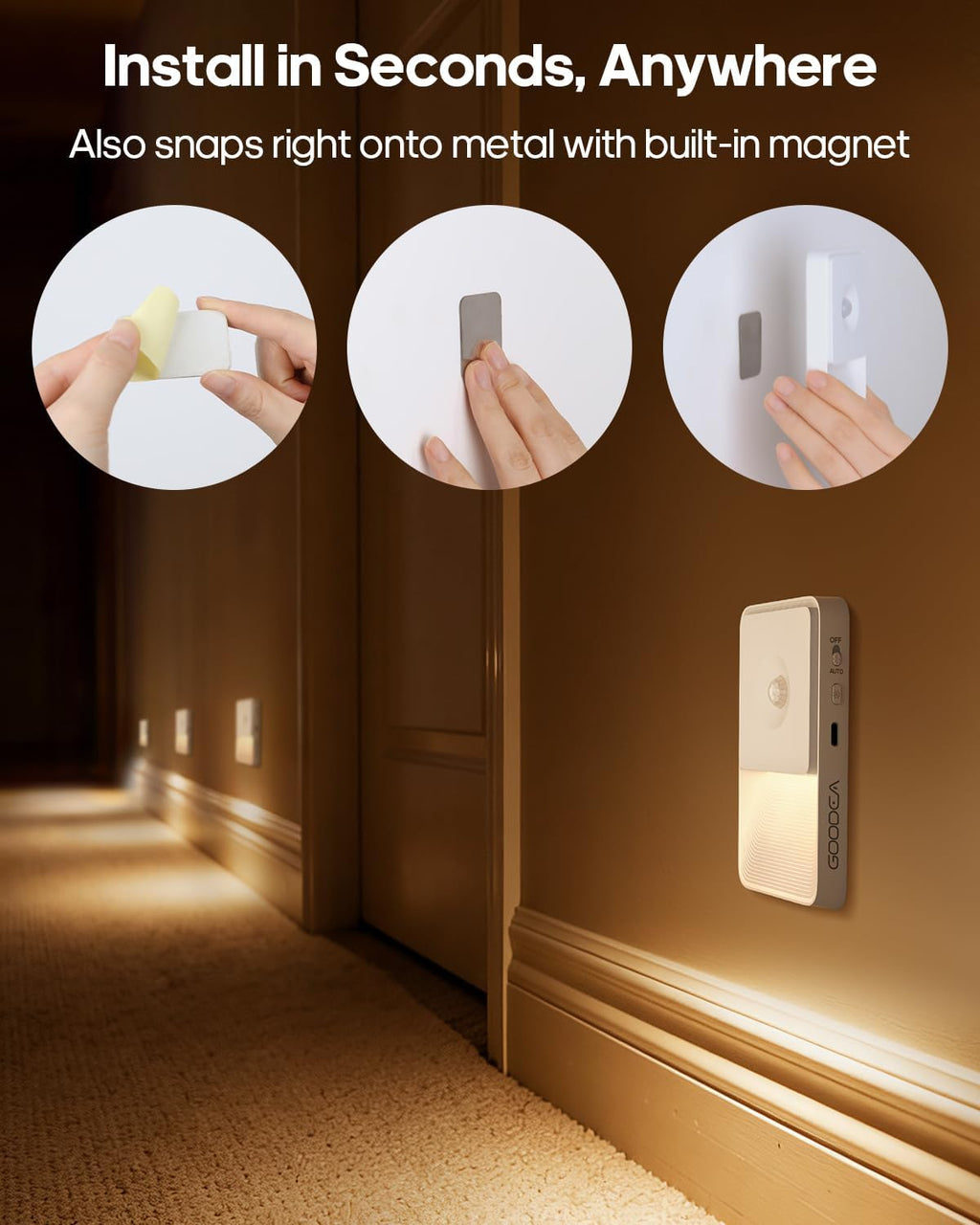 Goodea Rechargeable Motion Sensor Night Lights for Stairs, Magnetic Stair Lights Indoor, Warm Dimmable Night Light for Hallway, Bathroom, Bed…
