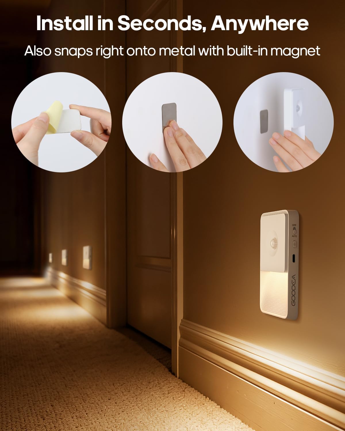Goodea Rechargeable Motion Sensor Night Lights for Stairs, Magnetic Stair Lights Indoor, Warm Dimmable Night Light for Hallway, Bathroom, Bed…