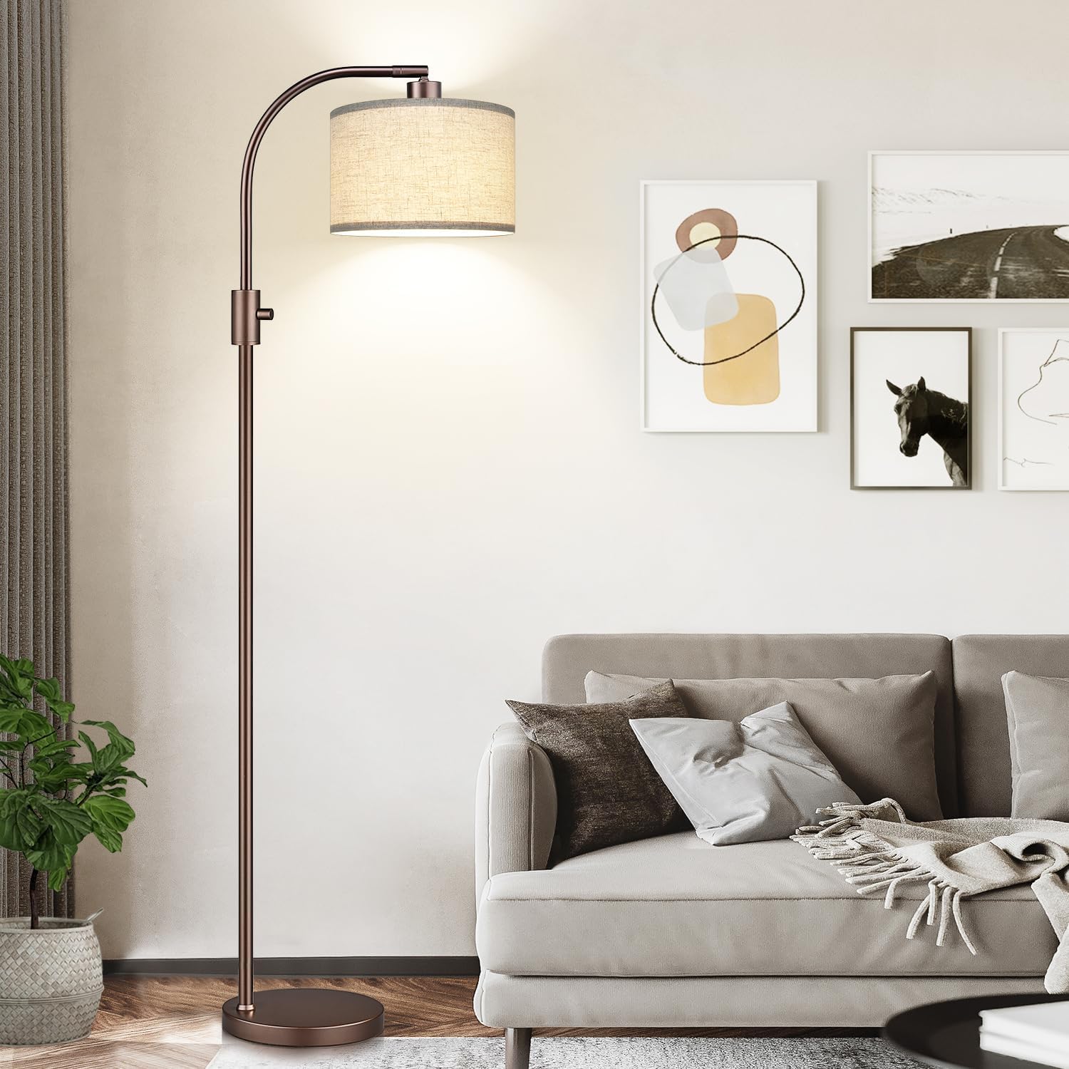 Nintiue Upgraded Modern Arc Dimmable Tall Standing Floor Lamp with Linen Shade, 1200 Lumens LED Bulb Included, for Living & Reading Room…