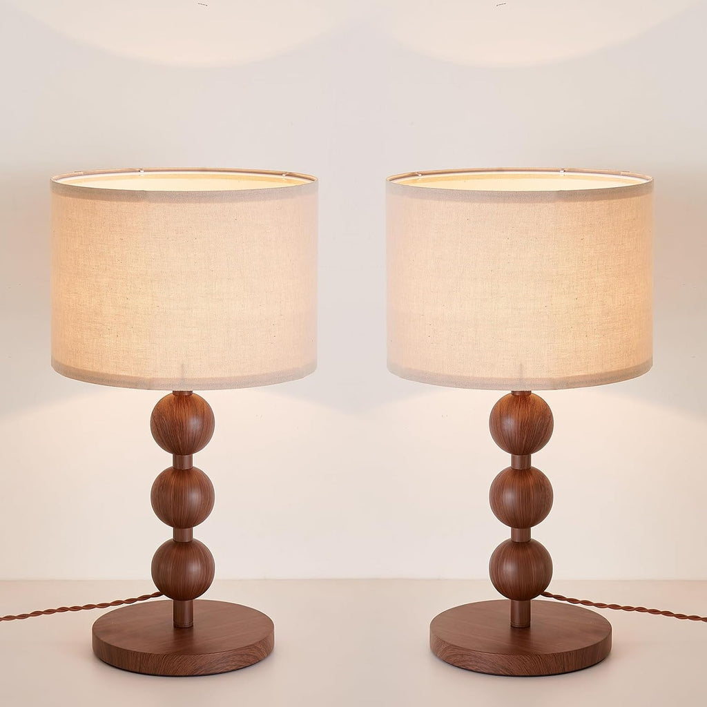 2 Pack Bedside Nightstand Table Lamp for Bedroom, Red Wood Pattern Iron Desk Lamp with Fabric Shade, Mid Century Modern Farmhouse Lamps…