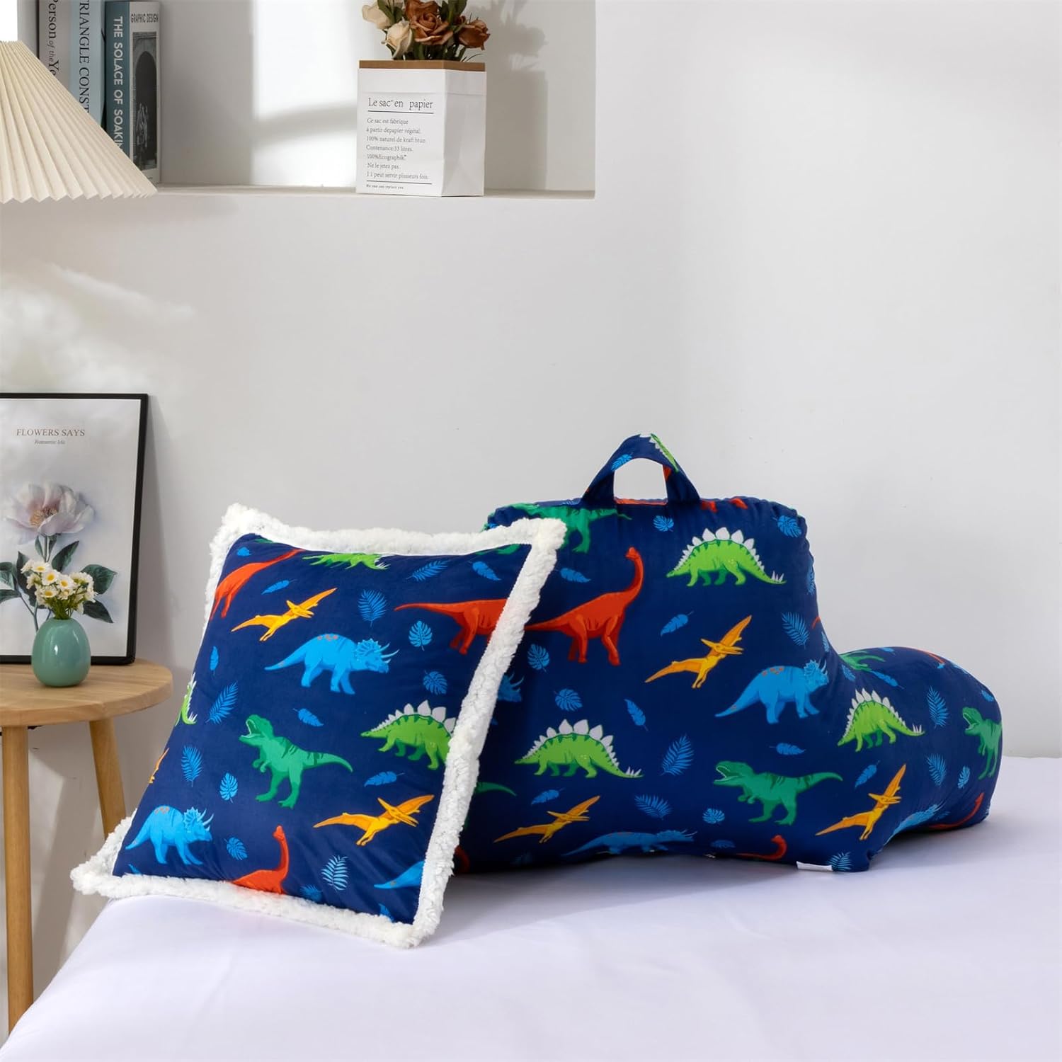 Aimuan Reading Pillow Bed Rest Wedge Backrest Pillow Dinosaur Printed Collections with Arms Sitting in Bed Dark-Blue