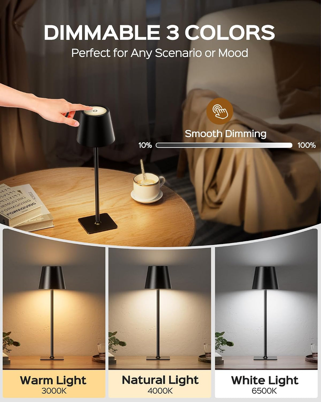JACKYLED Cordless Lamp DIY Height, 3 Color Stepless Dimming, 5000mAh Battery Operated Lamp Portable Rechargeable for Bedroom Dinning…