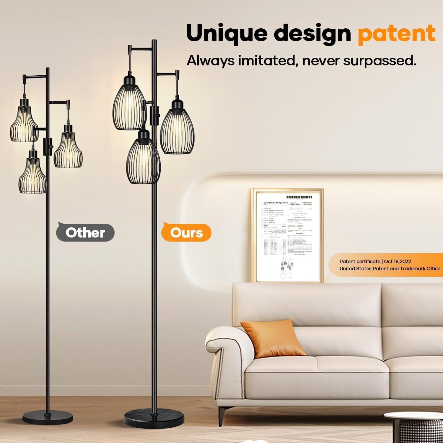 Dimmable Floor Lamp,3x800LM LED Bulbs Included, Farmhouse Industrial Floor Lamp Standing Tree Lamp with Teardrop Cage Head Tall Lamp for…