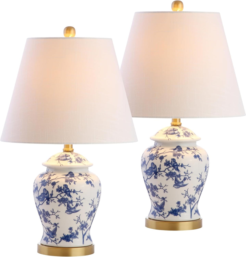 JONATHAN Y 22" Blue/White Ceramic Table Lamp, French Country Chinoiserie Ginger Jar LED Bedside Lamp for Living Room Bedroom, White Linen…