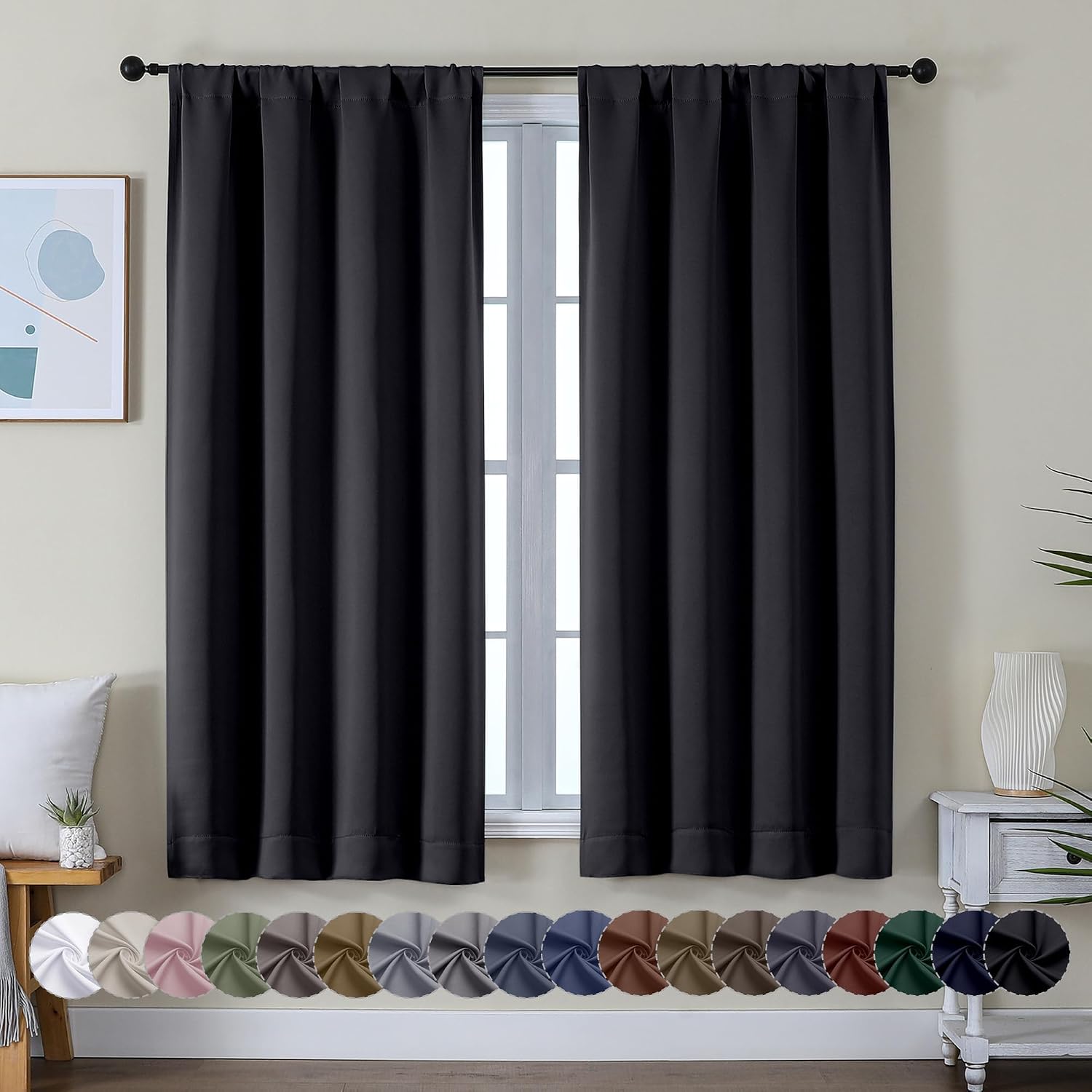 Simplebrand Ava Halloween Black Blackout Curtains for Bedroom 63 Inch Length 2 Panels, Solid Thermal Insulated Energy Saving Rod Pocket Win…