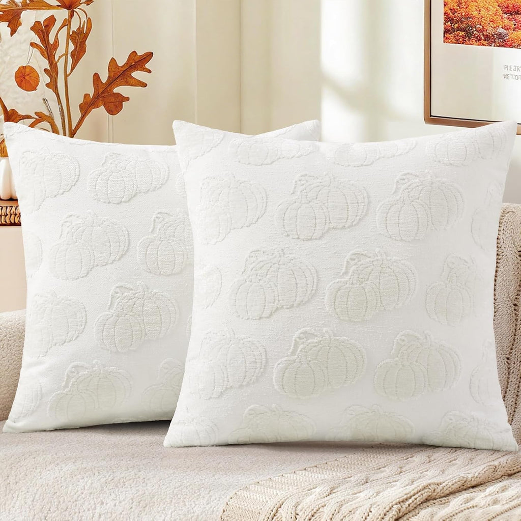 decorUhome Decorative Two Cream White Pumpkins Thanksgiving Throw Pillow Covers 18x18 Set of 2, Soft Chenille Jacquard Farmhouse Textured…