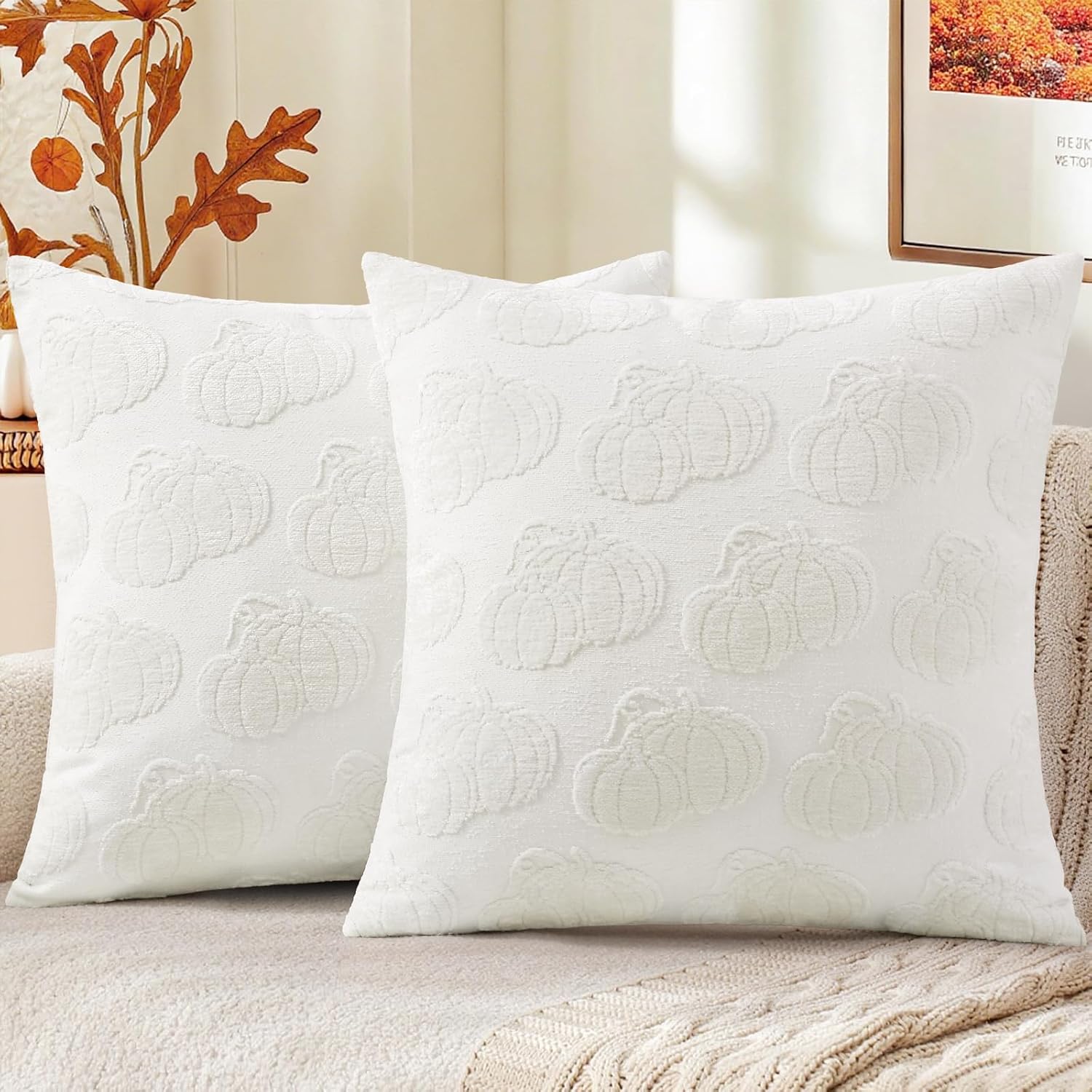 decorUhome Decorative Two Cream White Pumpkins Thanksgiving Throw Pillow Covers 18x18 Set of 2, Soft Chenille Jacquard Farmhouse Textured…