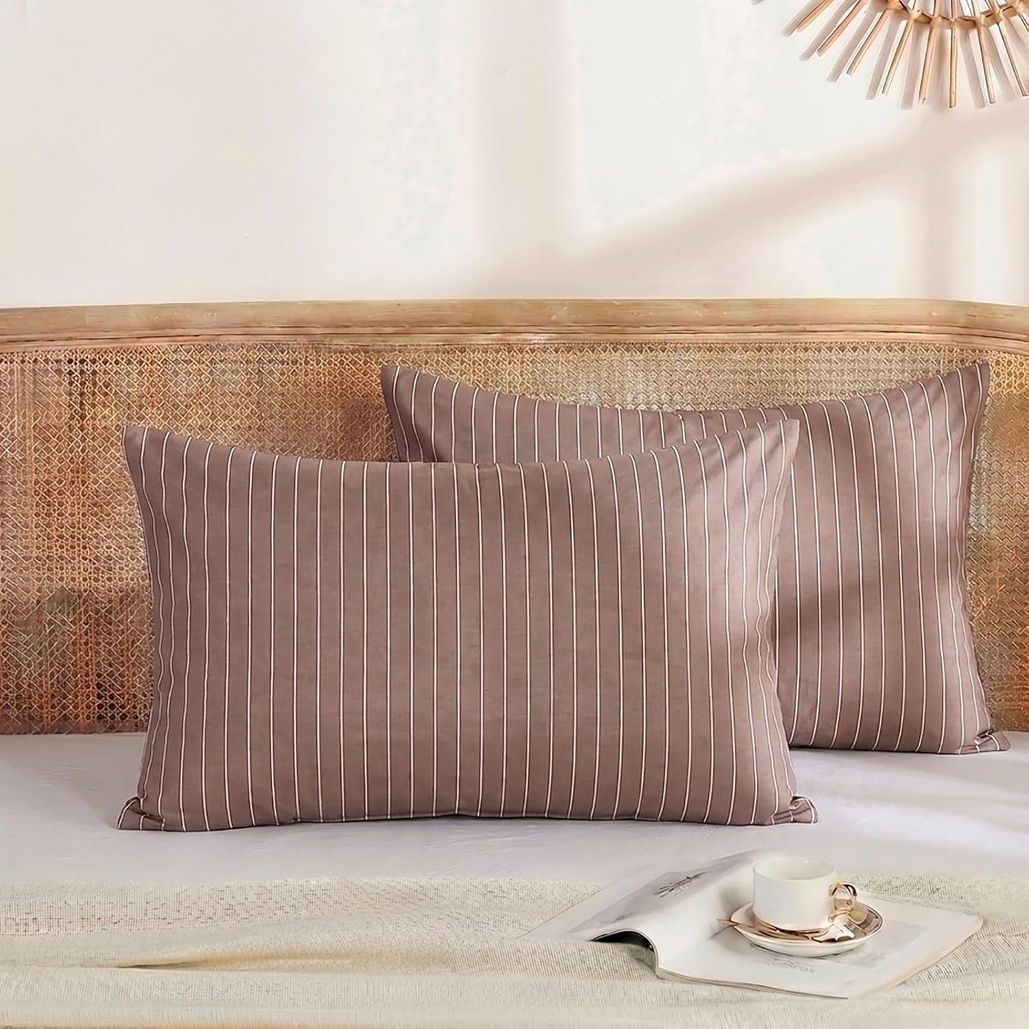 Merryword Brown Striped Pillowcases, 100% Cotton Pillow Cases, King Size Pillowcases, Luxury Linen Like Pillowcase, Soft Breathable Pinstri…