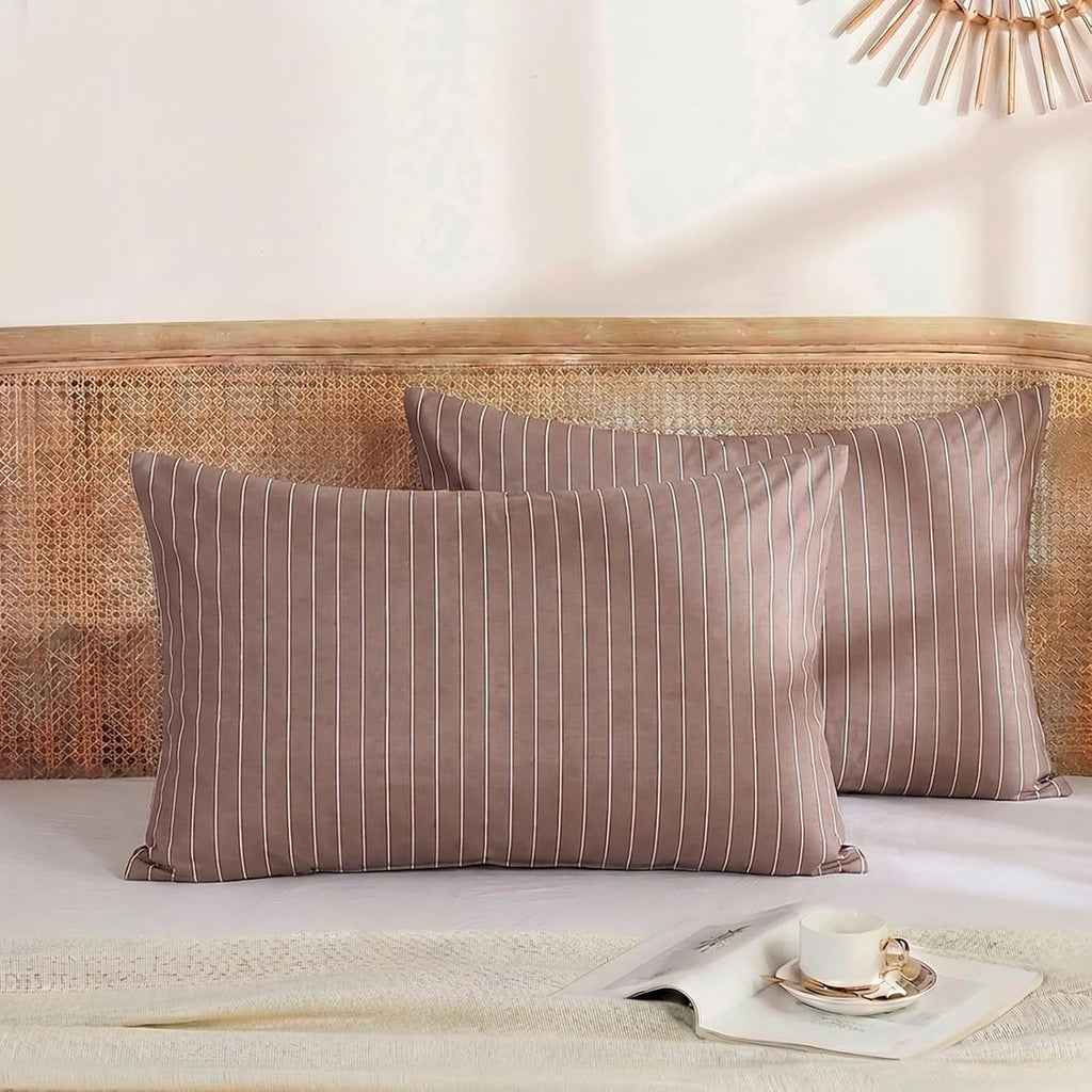 Merryword Brown Striped Pillowcases, 100% Cotton Pillow Cases, Standard Size Pillowcases, Luxury Linen Like Pillowcase, Soft Breathable Pin…