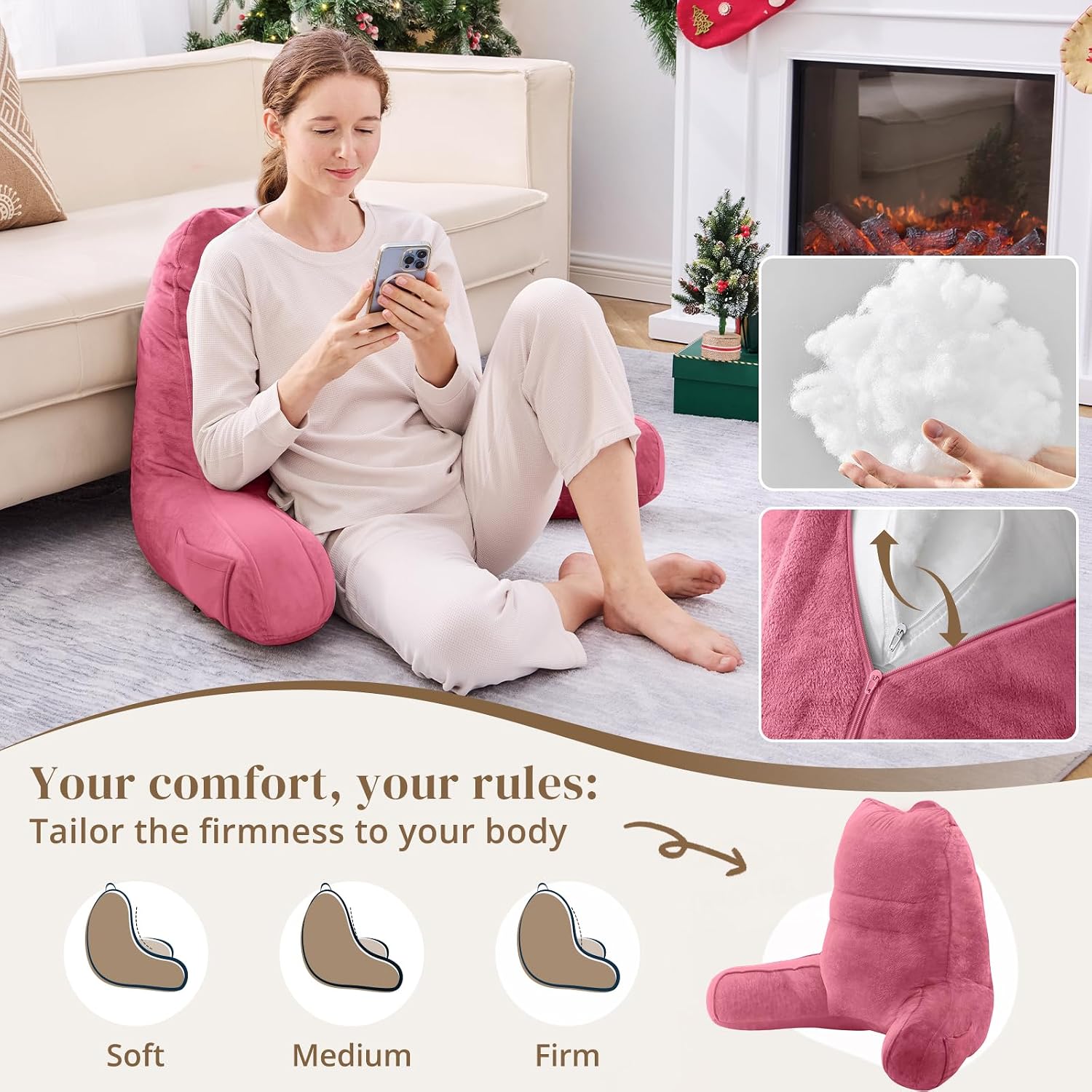 Sasttie Reading Pillow, Pillows for Reading or Relaxing – Ergonomic Support for Head, Neck, Back, and Lumbar, 21-Inch, Rose Pink Pink
