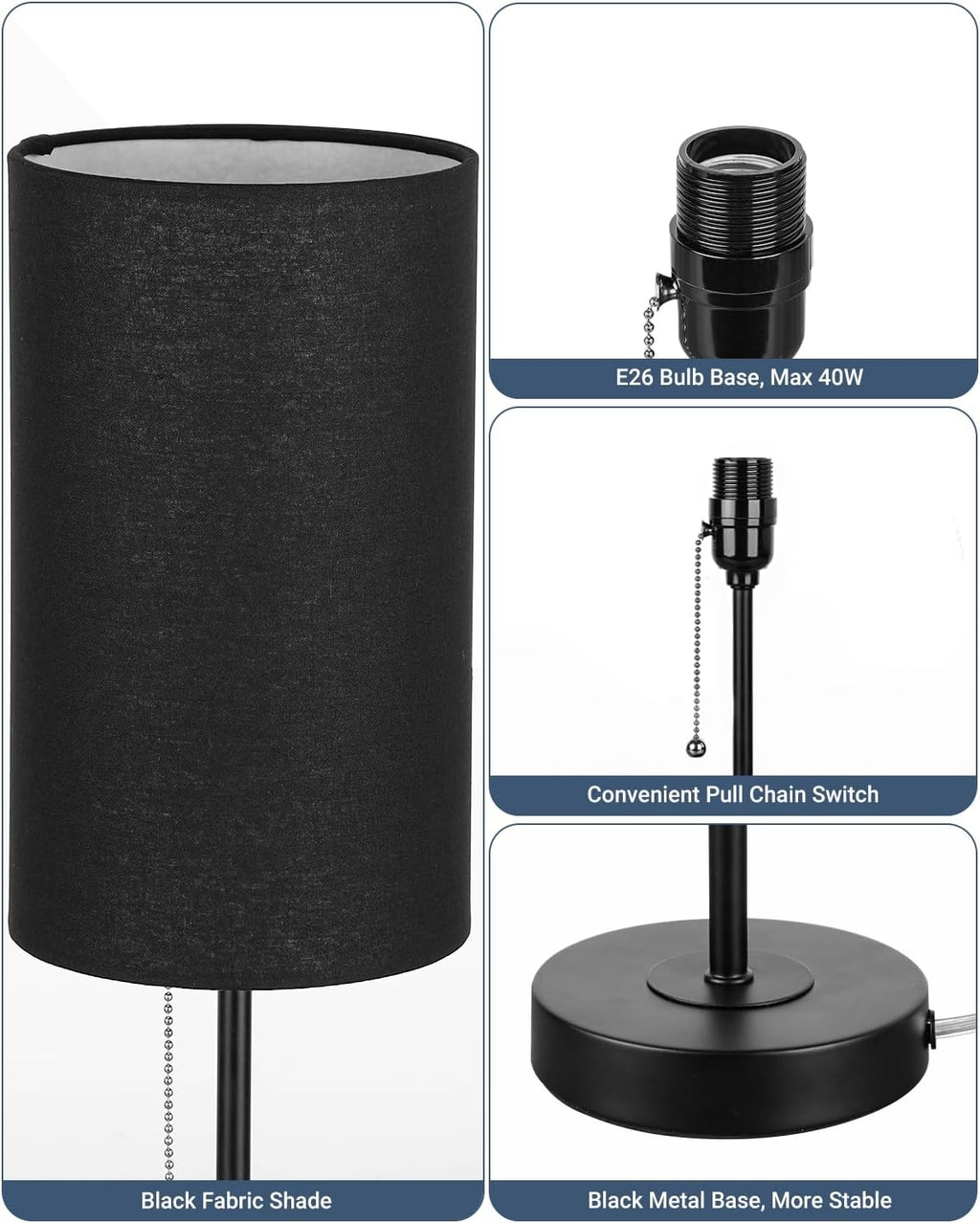 Small Table Lamps Set of 2 Desk Lamps for Living Room 3 Way Dimmable Black Nightstand Lamps with Metal Base Fabric Shade | Pull Chain…