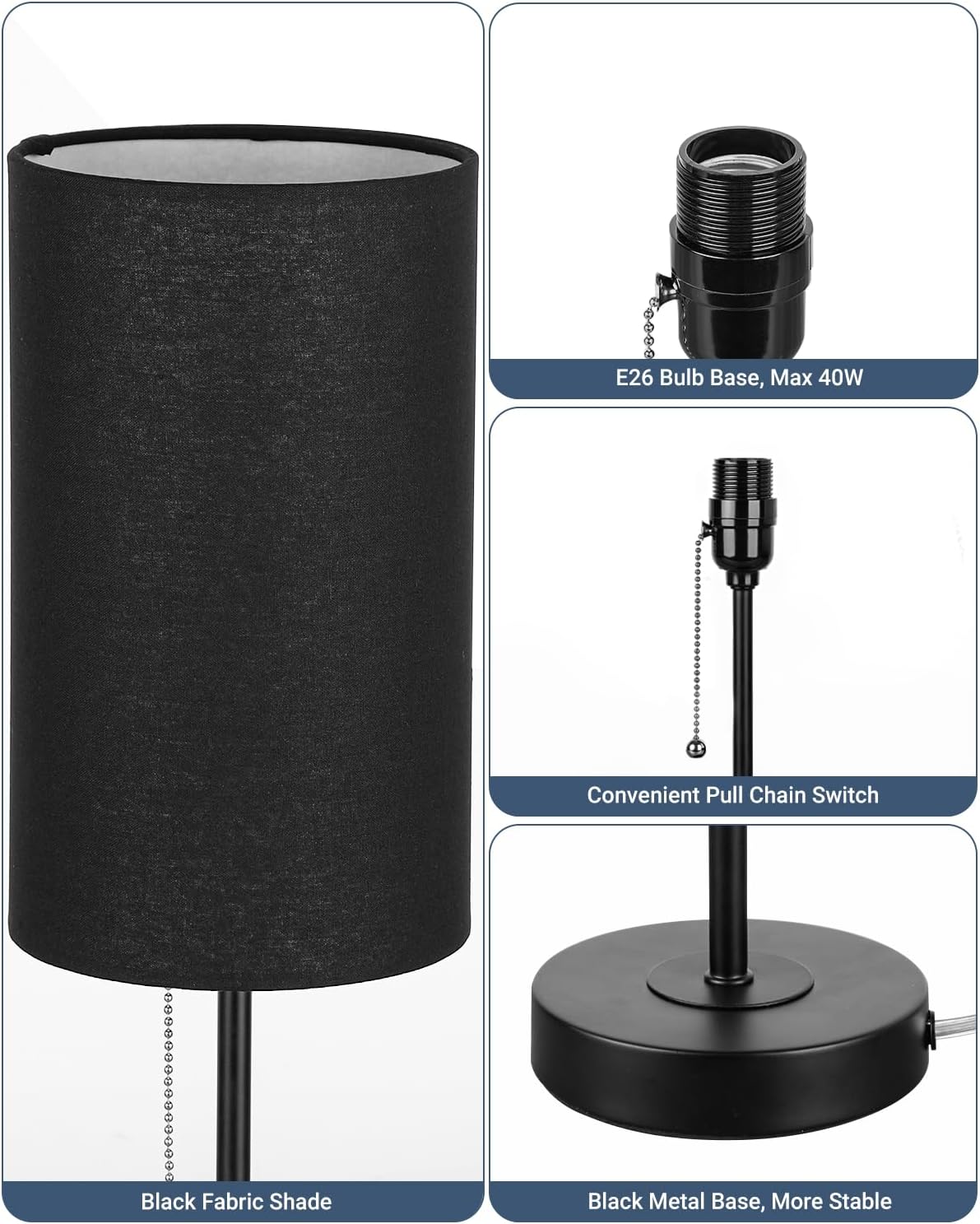 Small Table Lamps Set of 2 Desk Lamps for Living Room 3 Way Dimmable Black Nightstand Lamps with Metal Base Fabric Shade | Pull Chain…