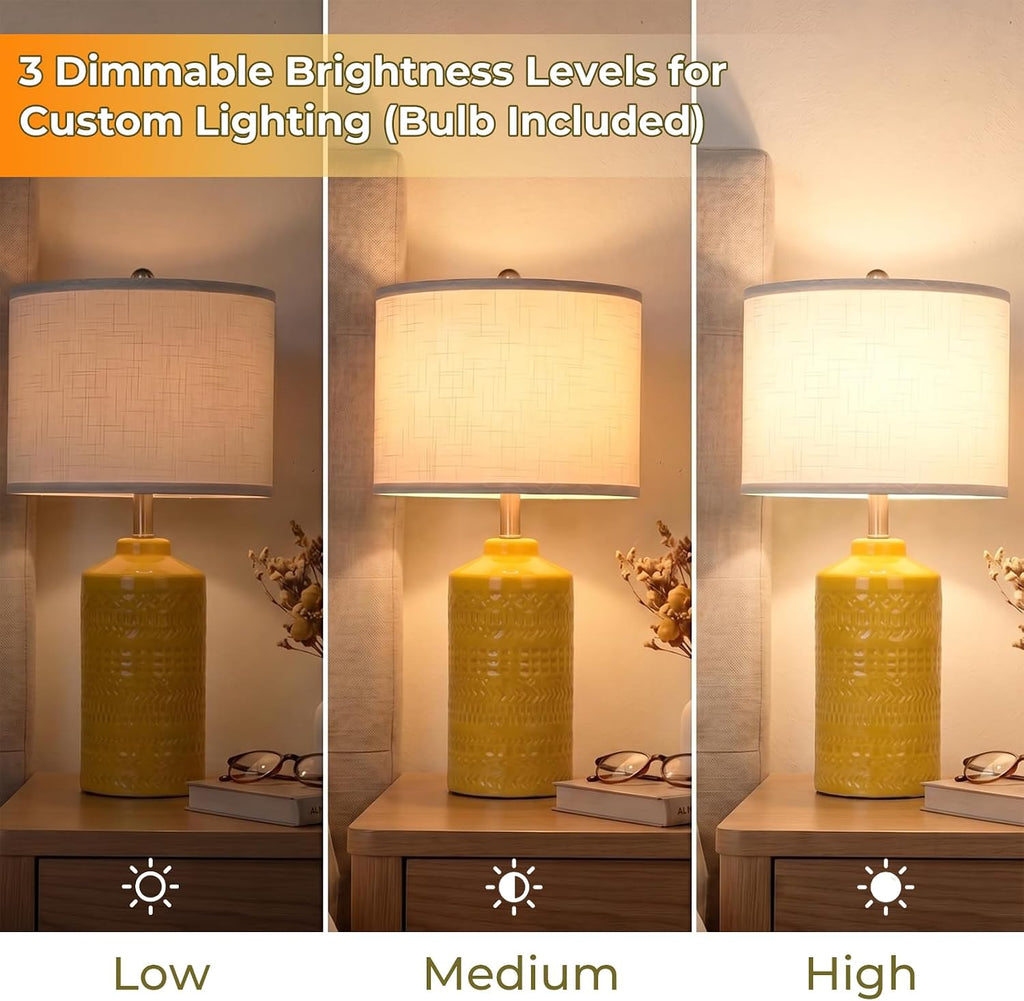 JUNNAI 25" Modern Bedside Ceramic Table Lamps for Living Room Mustard Yellow Nightstand 3-Way Dimmable Lamp Farmhouse Lamp for Bedroom…