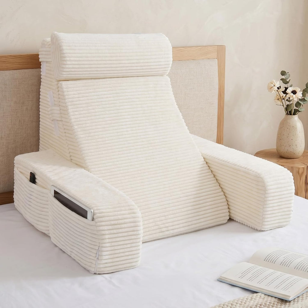 Vekkia 21" Reading Pillow for Bed Sitting Up, Back Support Pillow for Adult with Adjustable Back & Head, 5 Large Pockets, Integrated Arms,…