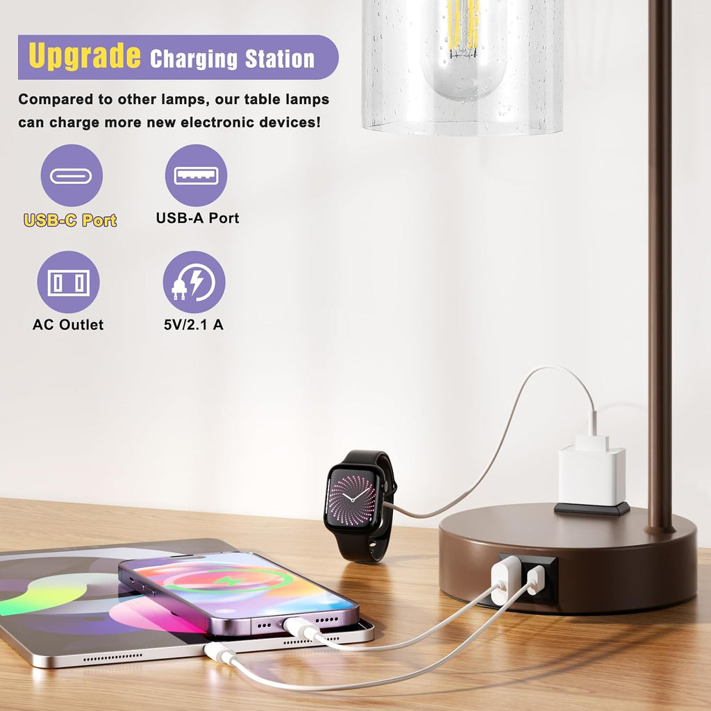 Innqoo Industrial Touch Table Lamps - 3-Way Dimmable Desk Lamps Set of 2 with USB C+A Ports and Outlet, Brown Bedside Lamps with Clear…