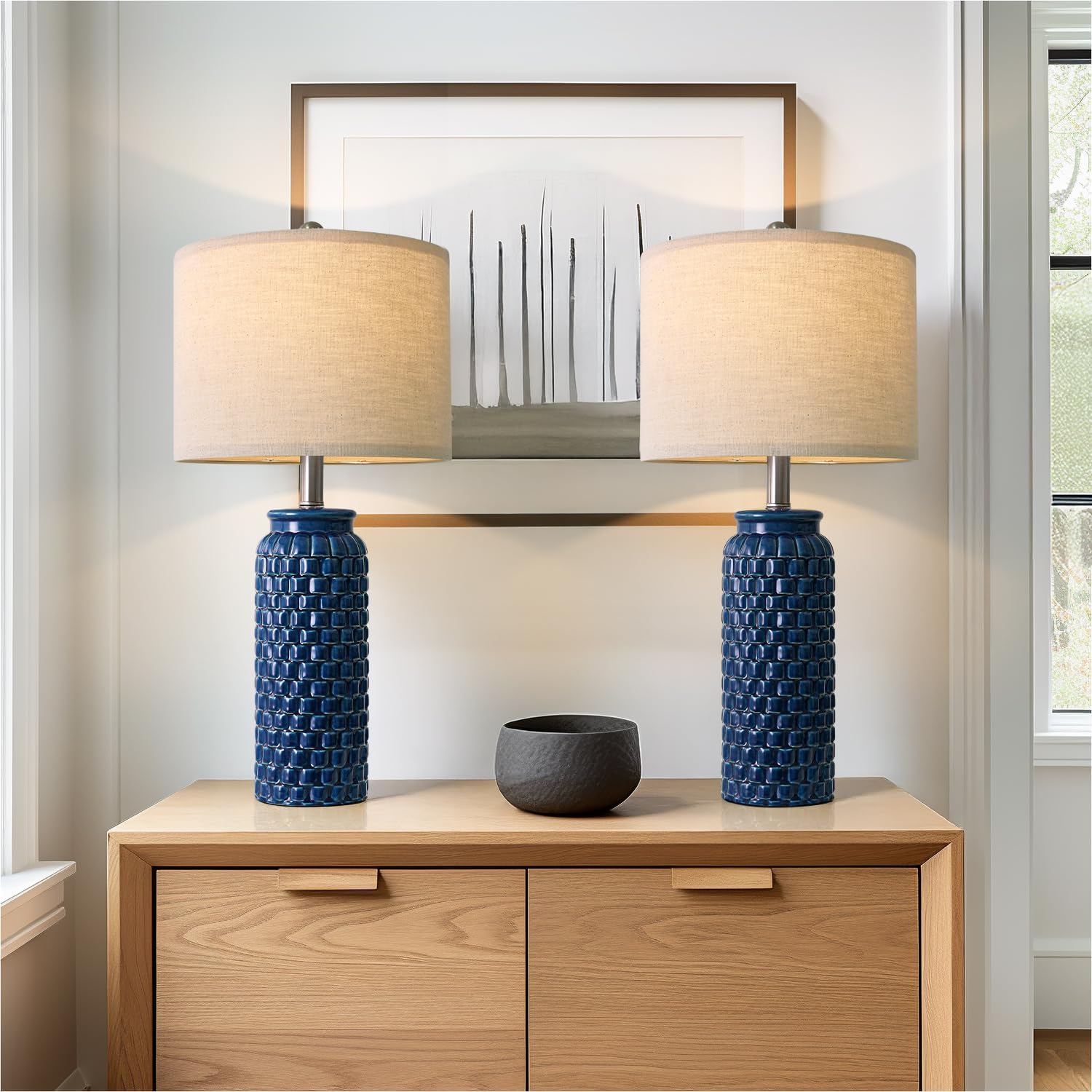 USumkky 24 inches Modern Ceramic Dark Blue Bedside Lamp Set of 2 for Bedroom Decor Farmhouse Table Lamp for Living Room Office Dorm