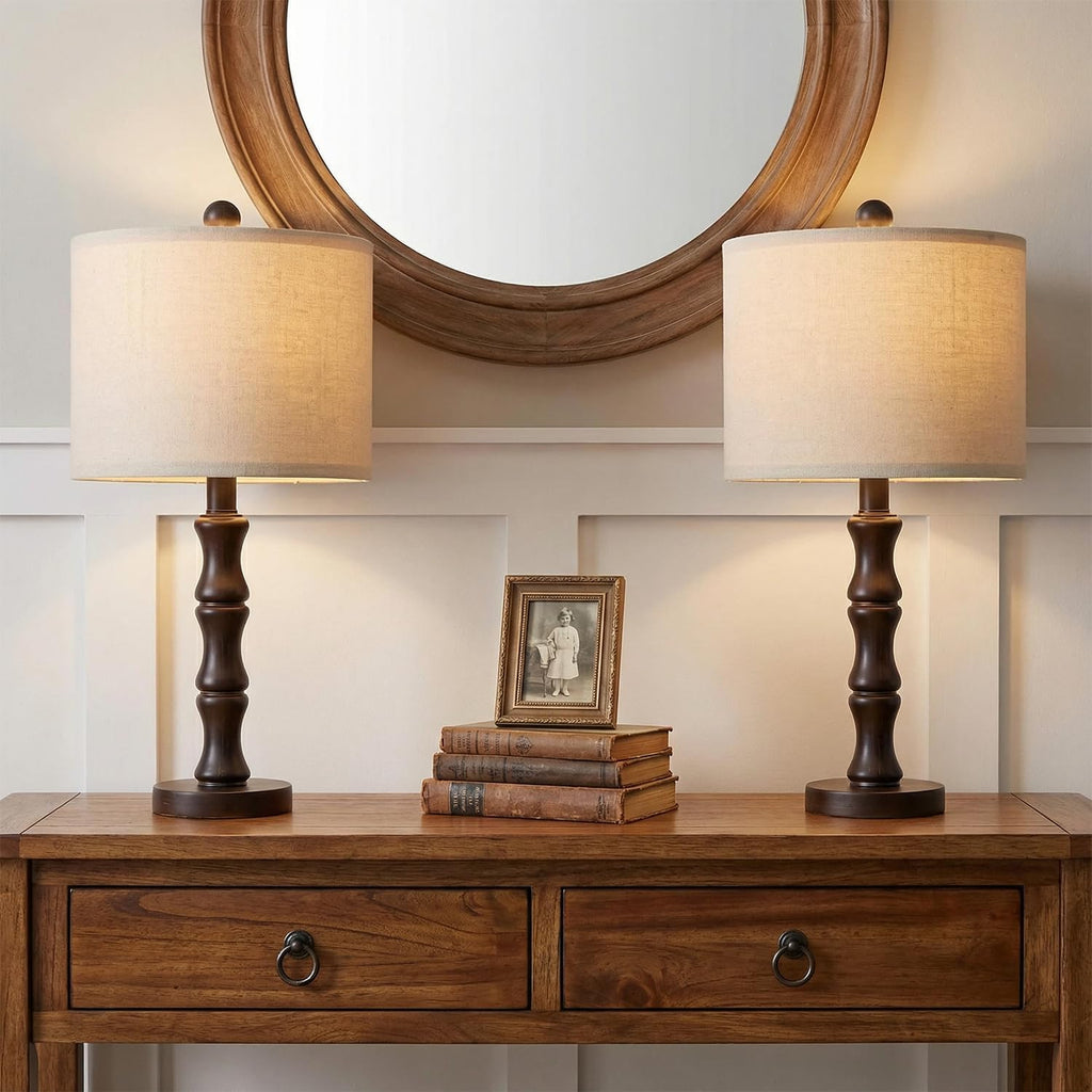 BOBOMOMO 20.5" Classic Table Lamps Set of 2, Farmhouse Nightstand Lamps with Dark Wood Grain Resin Base & Linen Shade, Small Bedside…