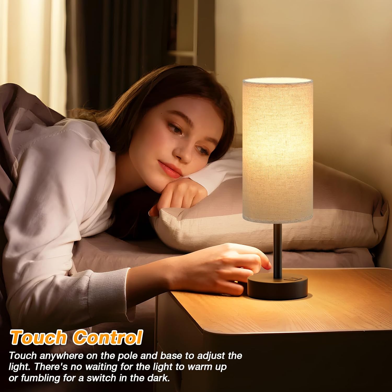 Dicoool Beige Touch Lamp for Bedroom with USB - 3 Way Dimmable Table Lamp for Nightstand, Small Lamp with Black Charging Station for Desk…