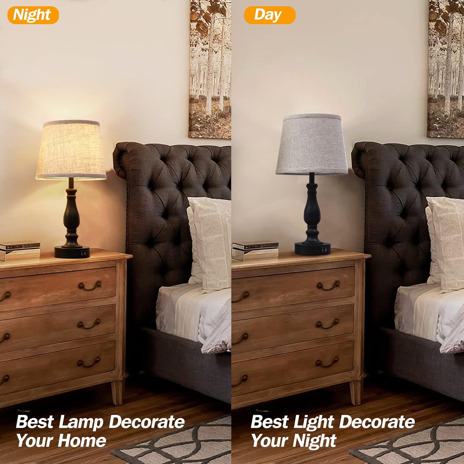 EJIAXIN Table Lamps Set of 2, Bedside Nightstand Lamps with USB Charging Ports, Dimmable Touch with Linen Fabric Lampshade, Modern Small…