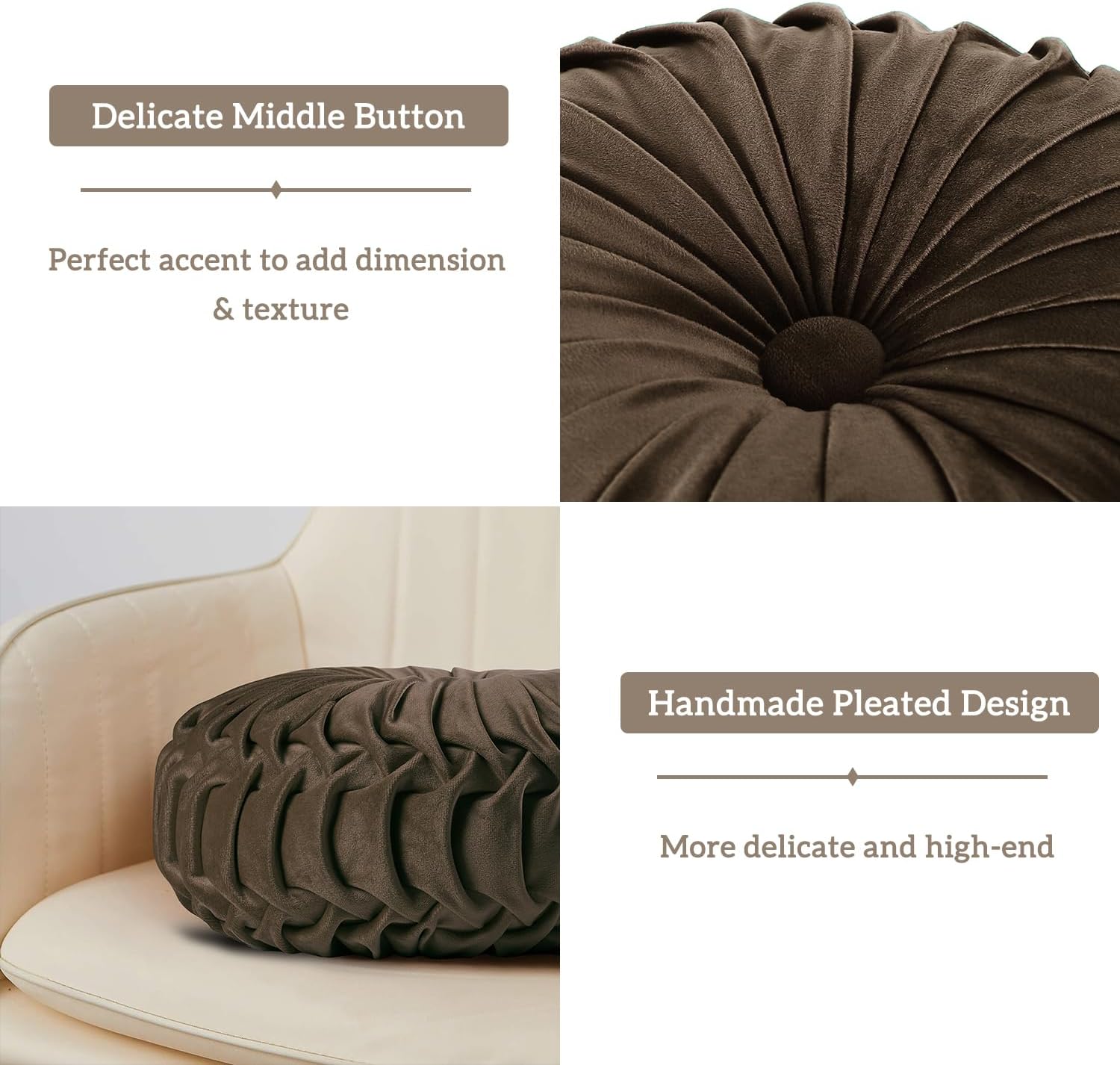 Hig Set of 2 Decorative Round Pleated Throw Pillows, Classy Accent Pumpkin Throw Pillows with Center Button, Vintage Velvet Floor Pillows for…