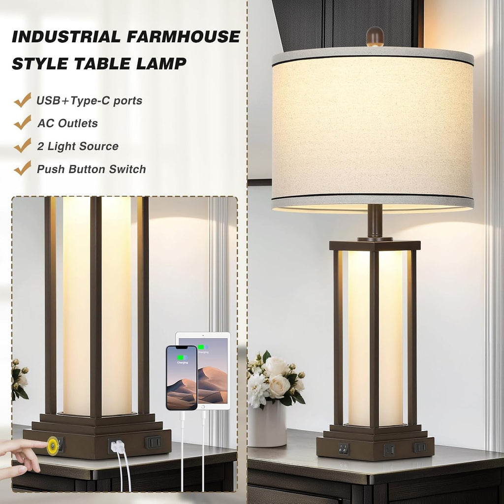 Cinkeda 27" Tall Vintage Table Lamps with USB C+A & Outlet, Brown End Table Lamp Set of 2 for Living Room, Rustic Bedside Lamps with…