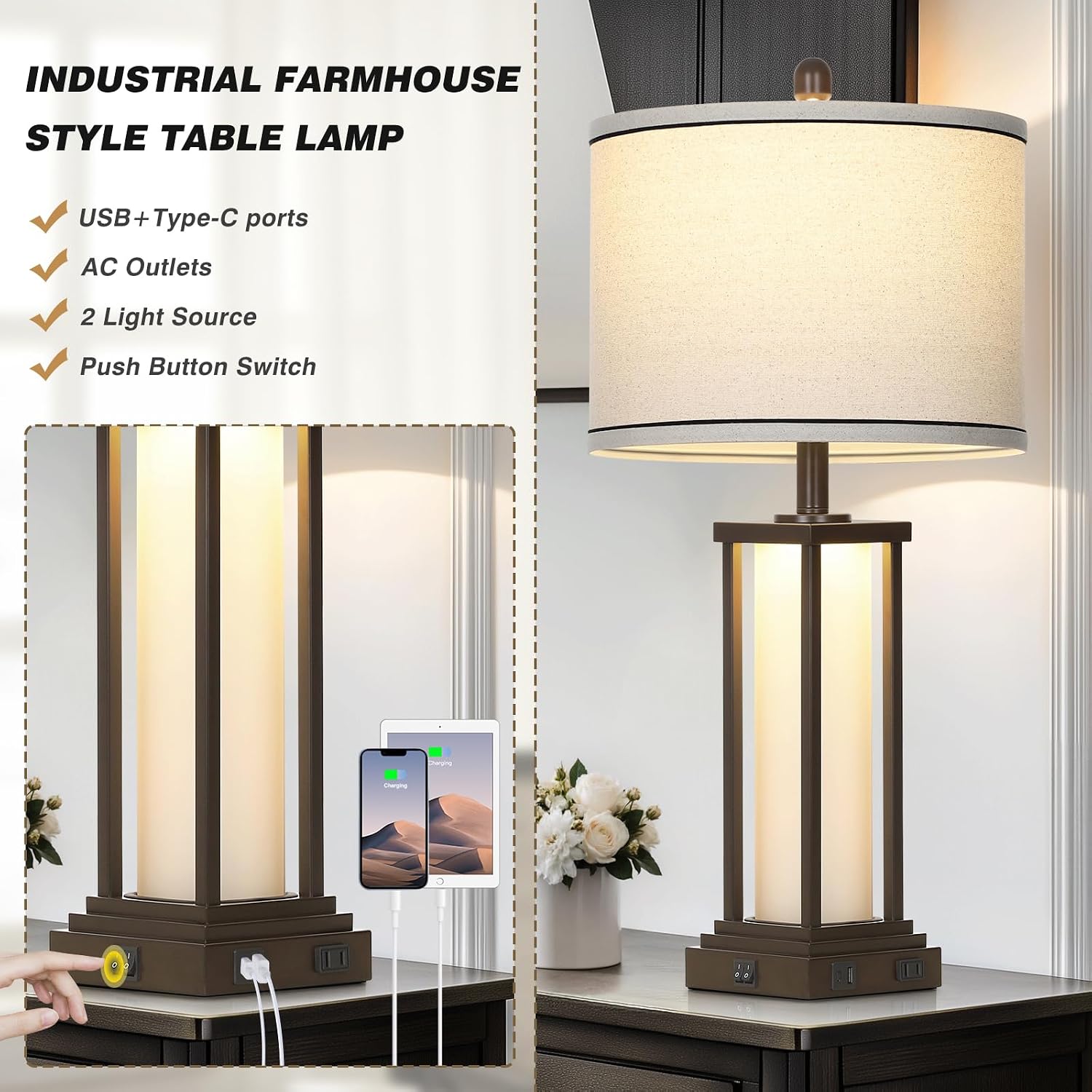 Cinkeda 27" Tall Vintage Table Lamps with USB C+A & Outlet, Brown End Table Lamp Set of 2 for Living Room, Rustic Bedside Lamps with…