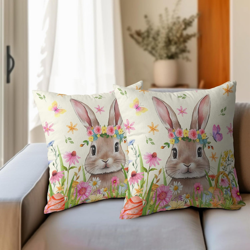 Easter Rabbit Throw Pillow Covers 16x16 Inch Set of 2 Cute Bunny Cotton Linen Square Cushion Case Spring Colorful Floral Easter Theme…