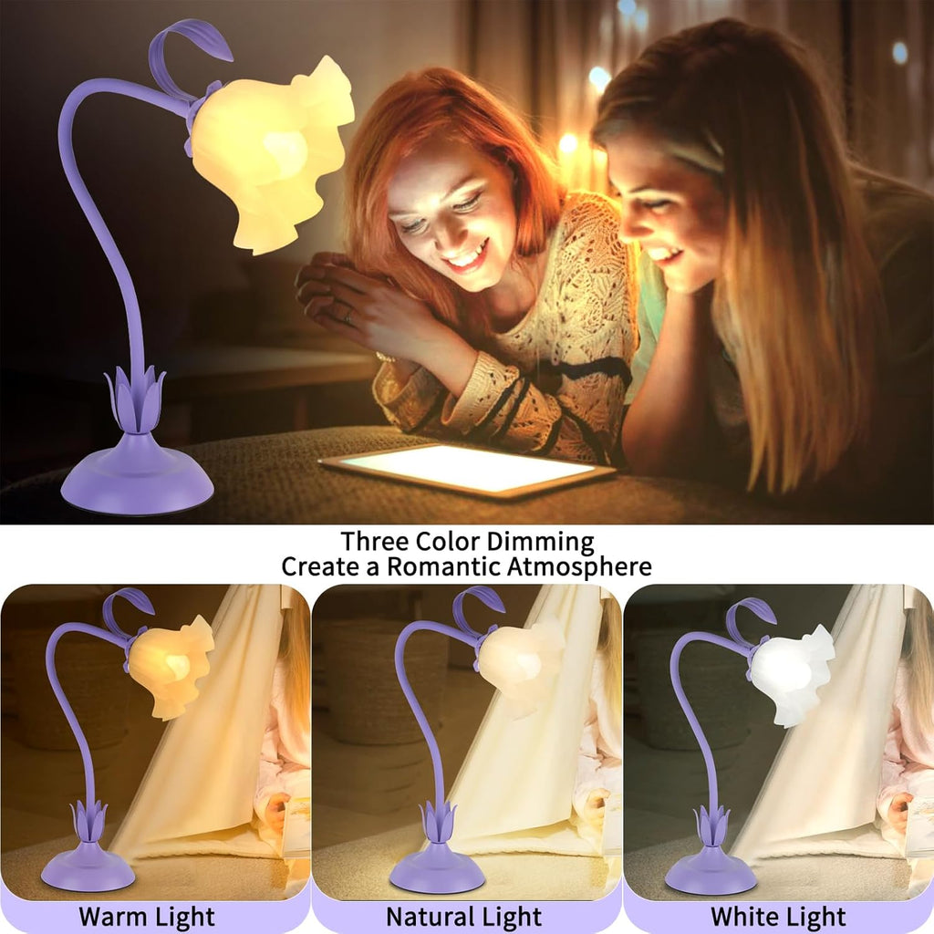 Cute Flower Desk Lamp, 3 Color Temperature Table Lamp with LED Bulb, Vintage Bedside Lamps, Reading Lamps with Soft Light for Bedroom…
