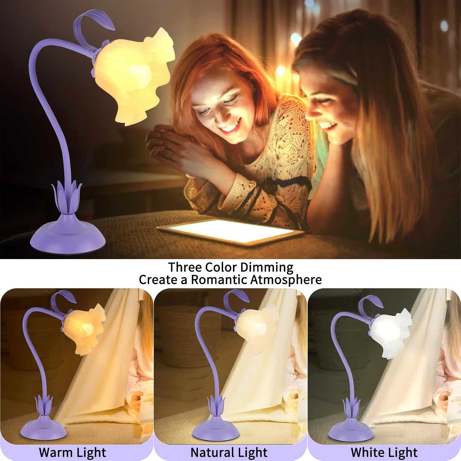 Cute Flower Desk Lamp, 3 Color Temperature Table Lamp with LED Bulb, Vintage Bedside Lamps, Reading Lamps with Soft Light for Bedroom…