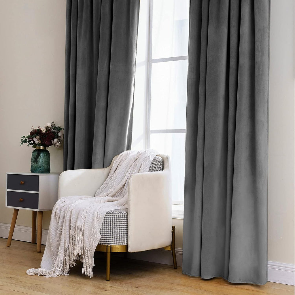 Miulee Grey Velvet Curtains 90 inches 2 Panels - Luxury Blackout Curtains for Bedroom Living Room Thermal Insulated Super Soft Window Drape…