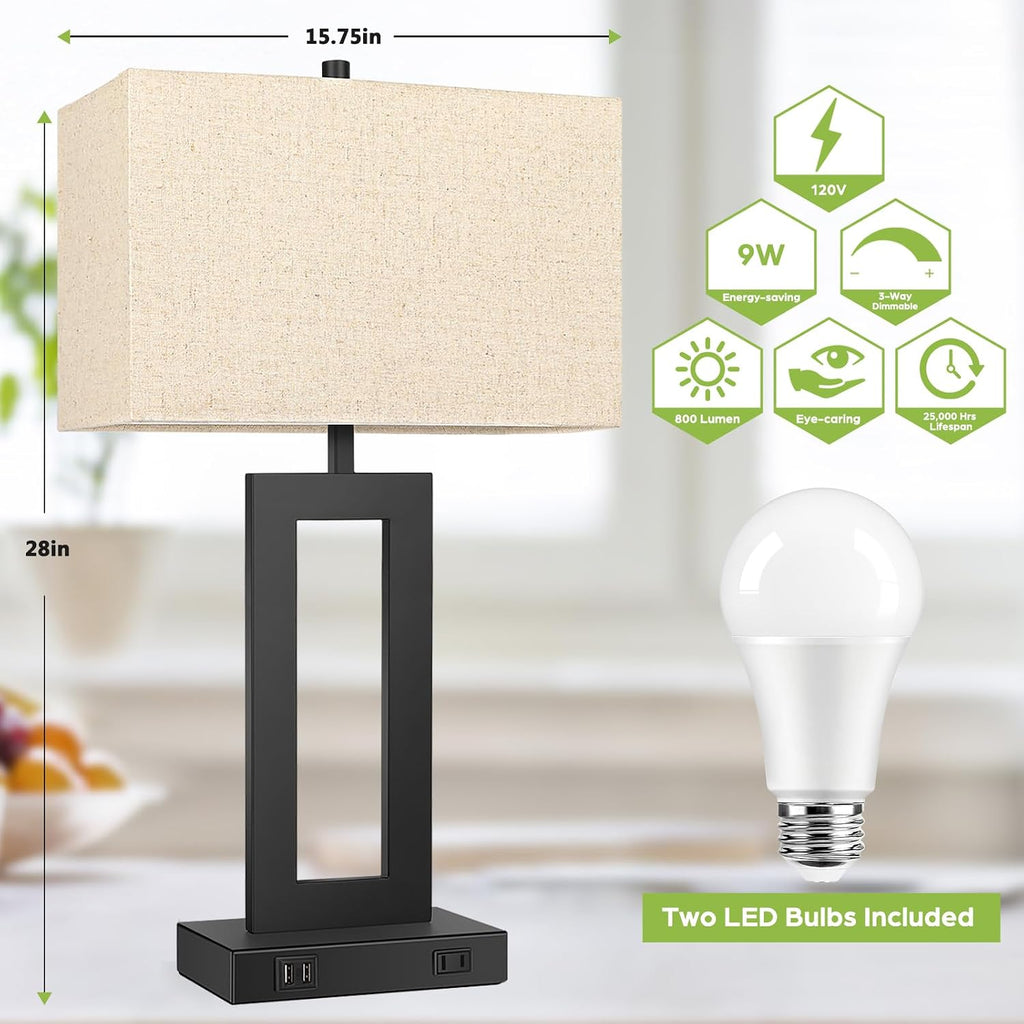 Tobusa 28’’ Tall Lamps for Living Rooms Set of 2, Modern Black Touch Control Table Lamps for Bedroom, 3 Way Dimmable Bedside Lamps with 2 U…