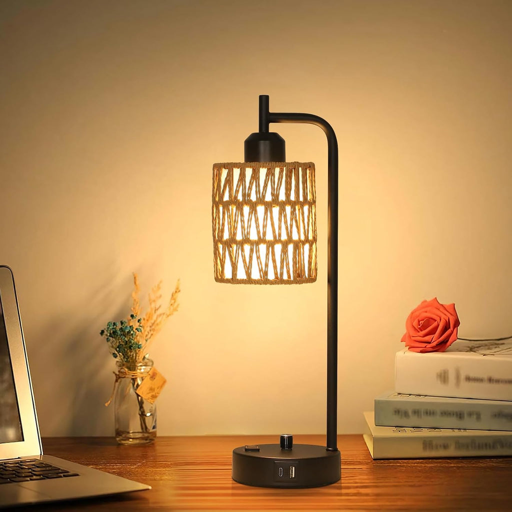 Rattan Table Lamps for Living Room Set of 2, Boho Bedside Lamps with LED Bulbs, USB Charging Ports and Outlet, Farmhouse Nightstand Lamp…