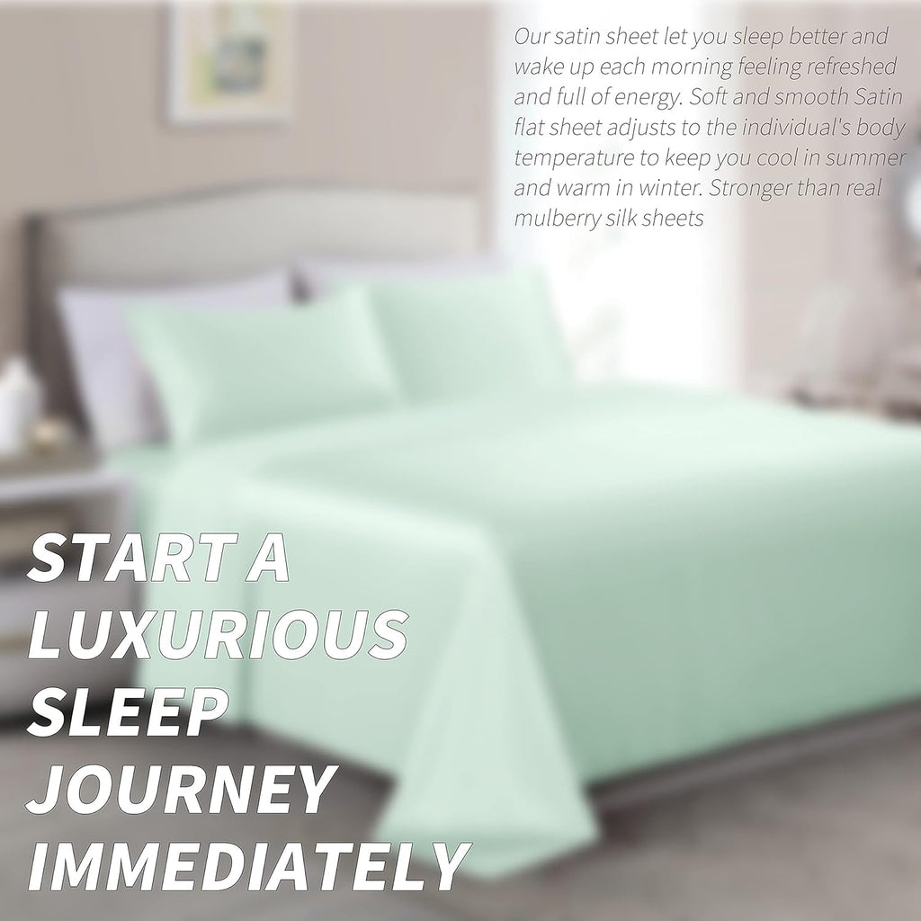 Cobedzy 3 Pcs Mint Green Satin Sheets Twin XL Size Silky Satin Bedding Sheets Set with 1 Deep Pocket Fitted Sheet, 1 Flat Sheet, 1 Pillowca…