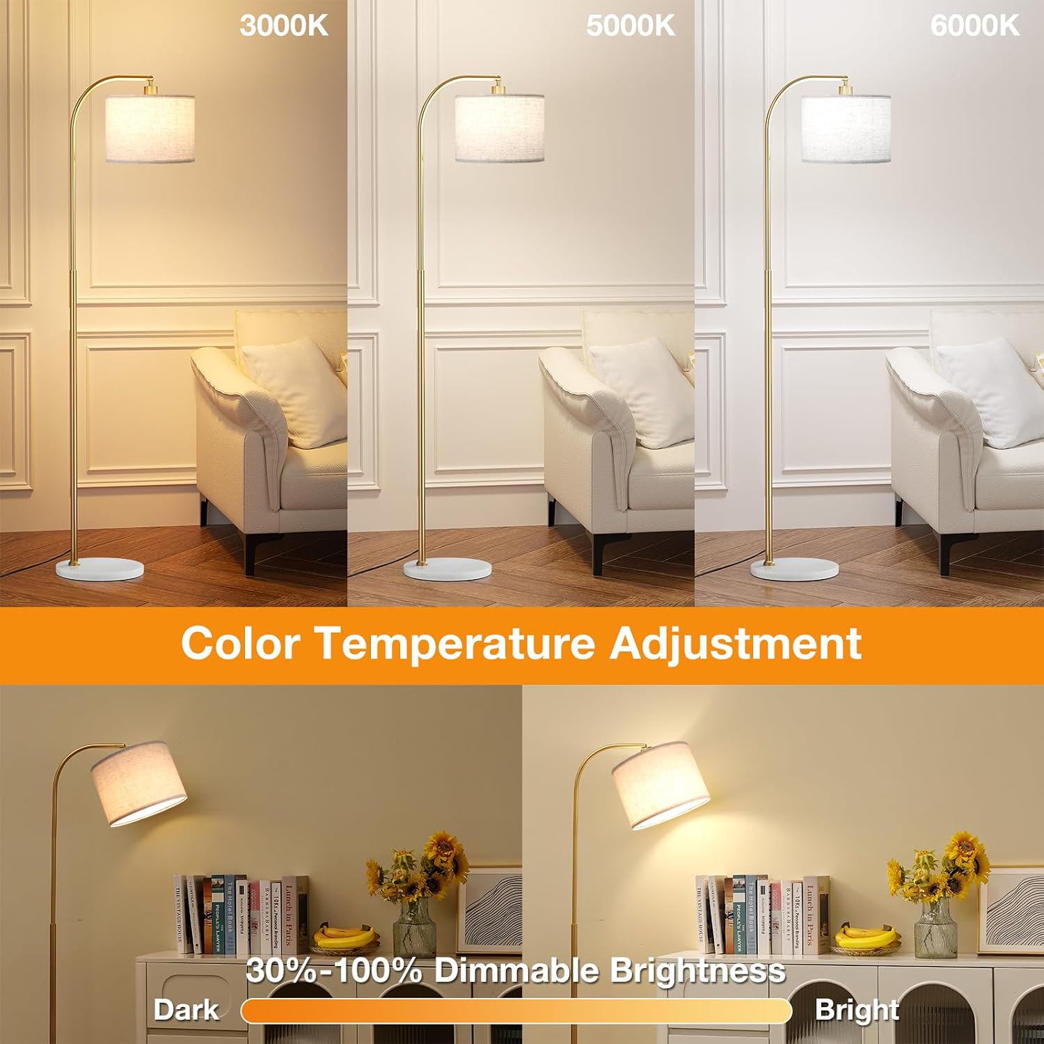 Ambimall Arc Floor Lamp with Remote and Stepless Dimmable Bulb, Colors Temperature & Brightness Adjustable, Gold Pole & Marble Base Gold