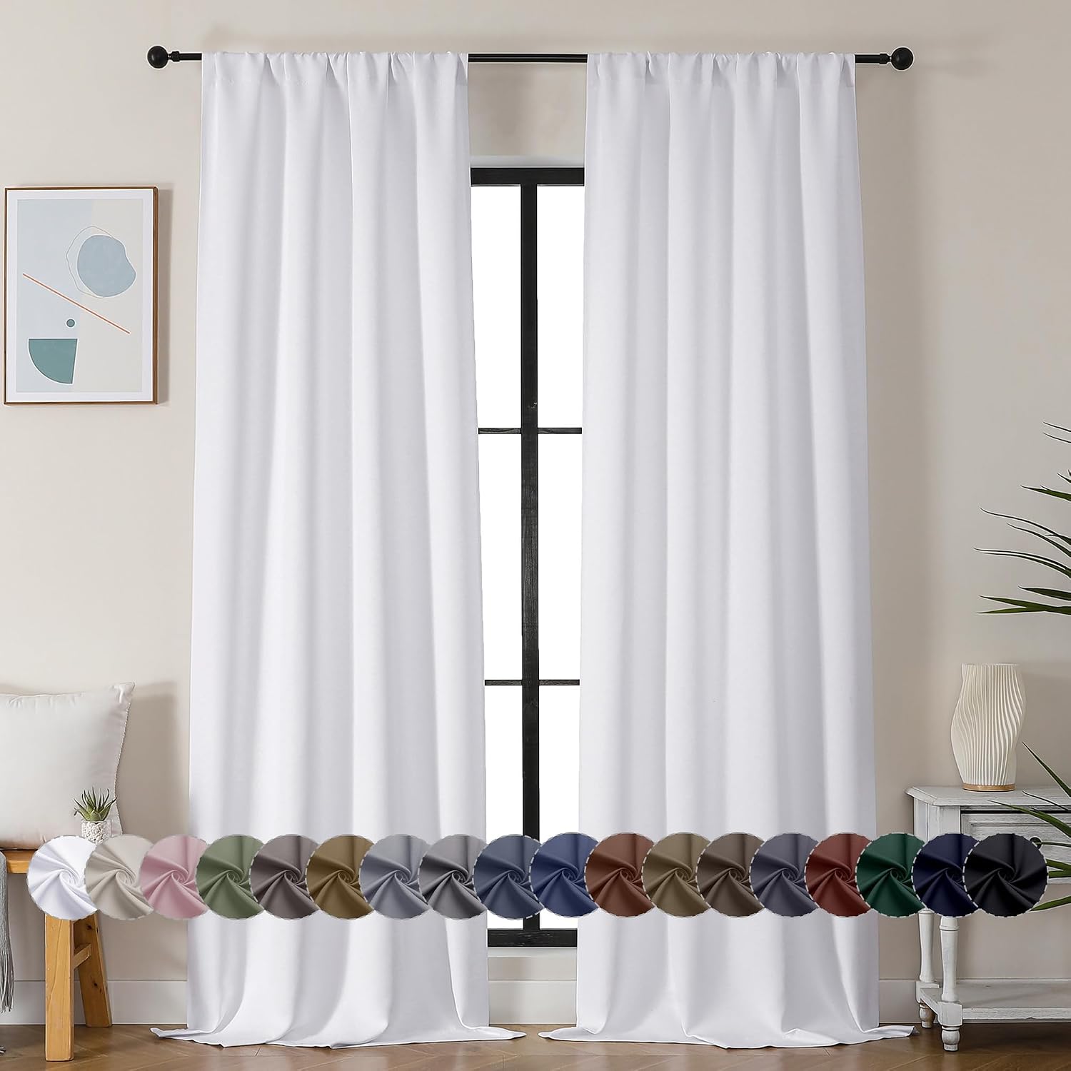 Simplebrand Ava Pure White Curtains for Bedroom 90 Inches Long 2 Panels Set, Room Darkening Window Treatment, Light Filtering Curtain Drape…